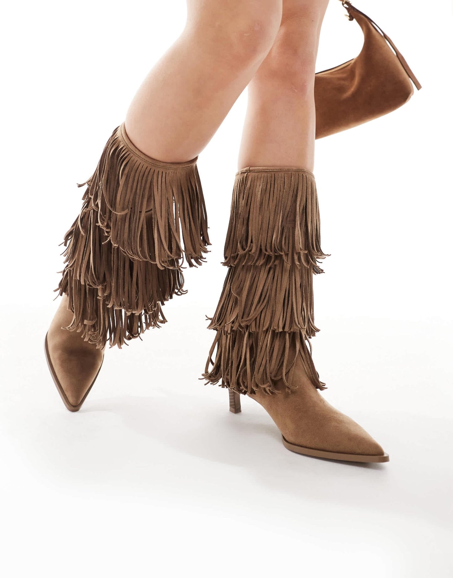 Bershka fringe detail suede heeled boots in tan - ASOS Sample Sale