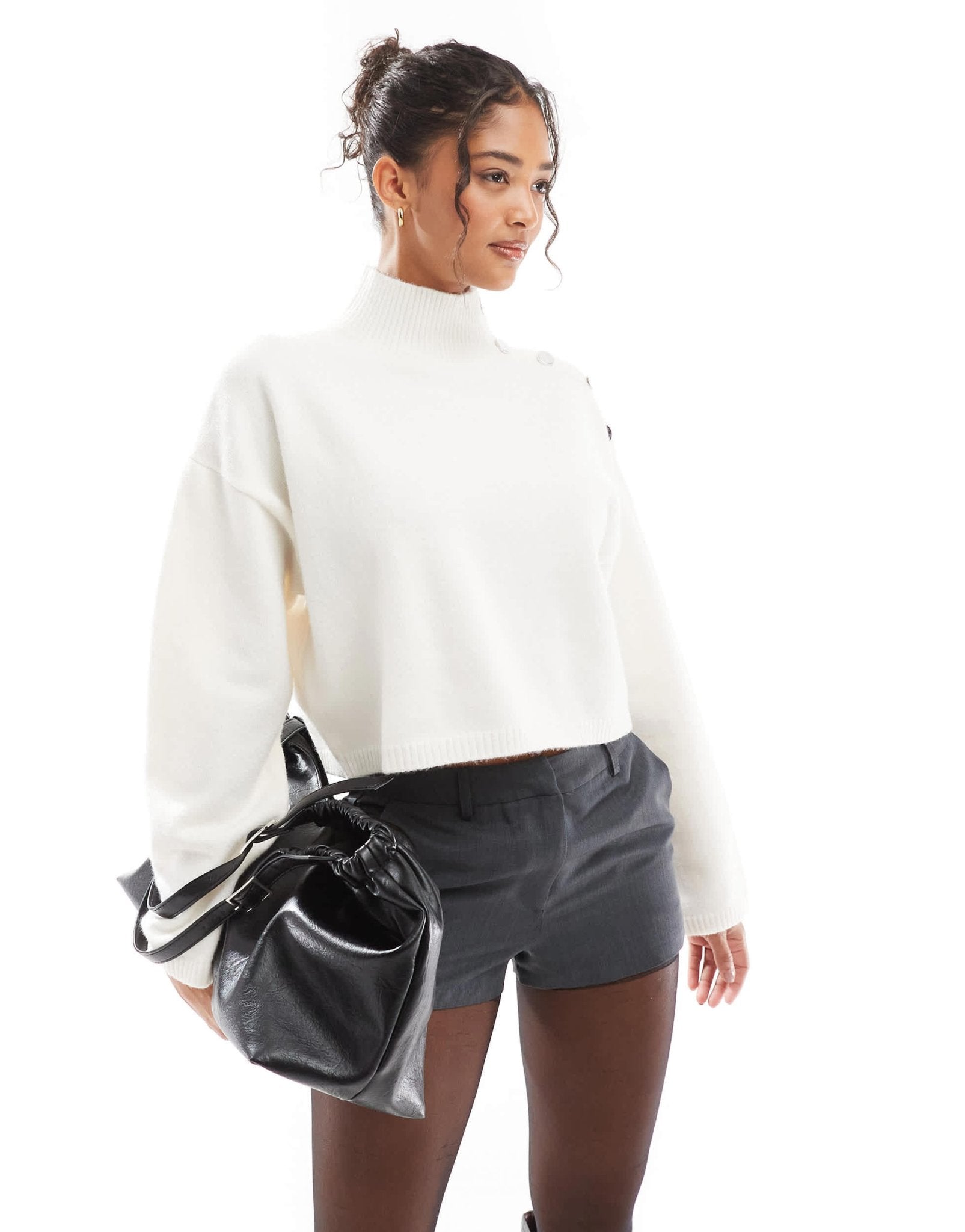 Bershka gold button detail high neck jumper in white - ASOS Sample Sale