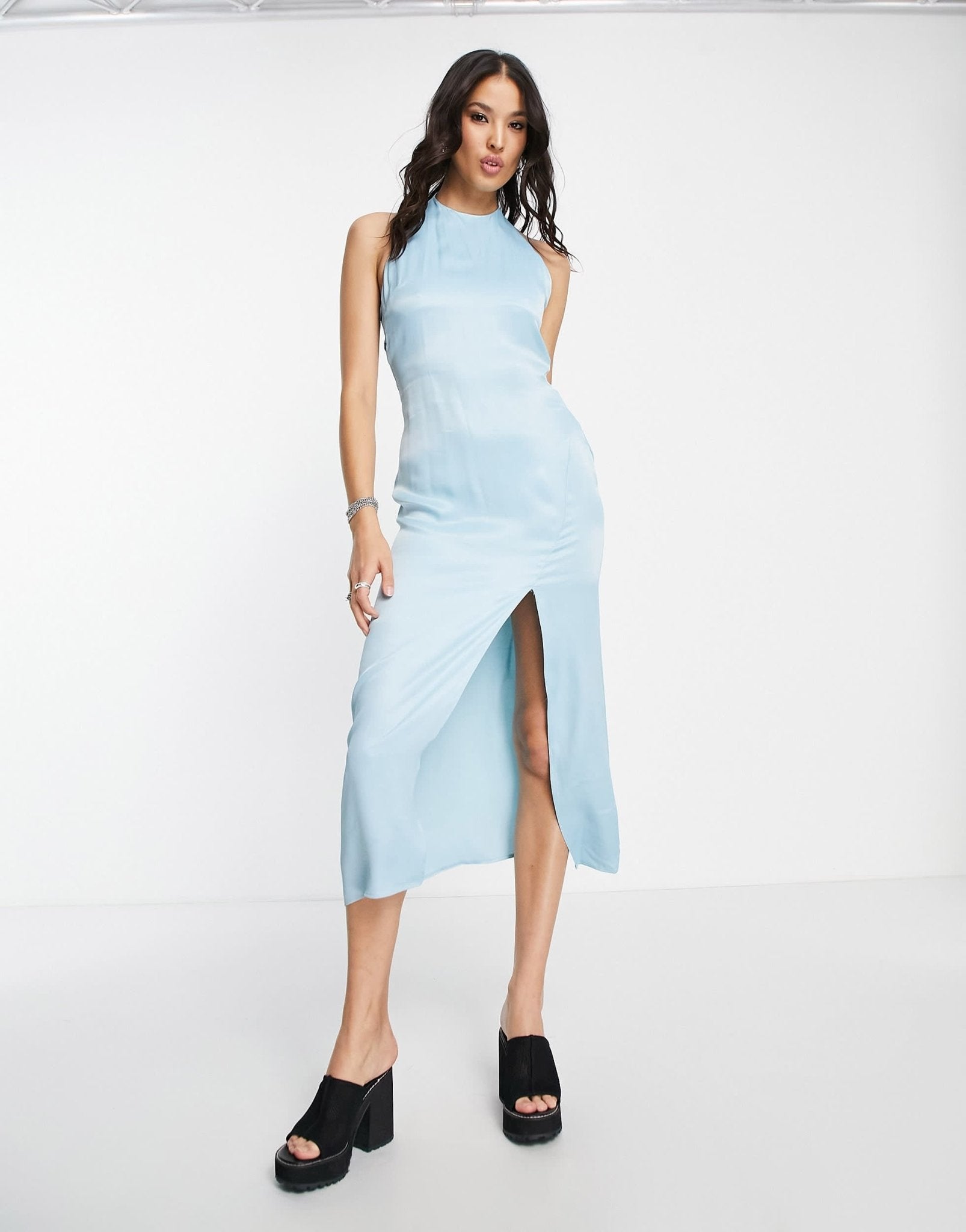 Bershka halterneck occasion midi dress in satin blue - ASOS Sample Sale