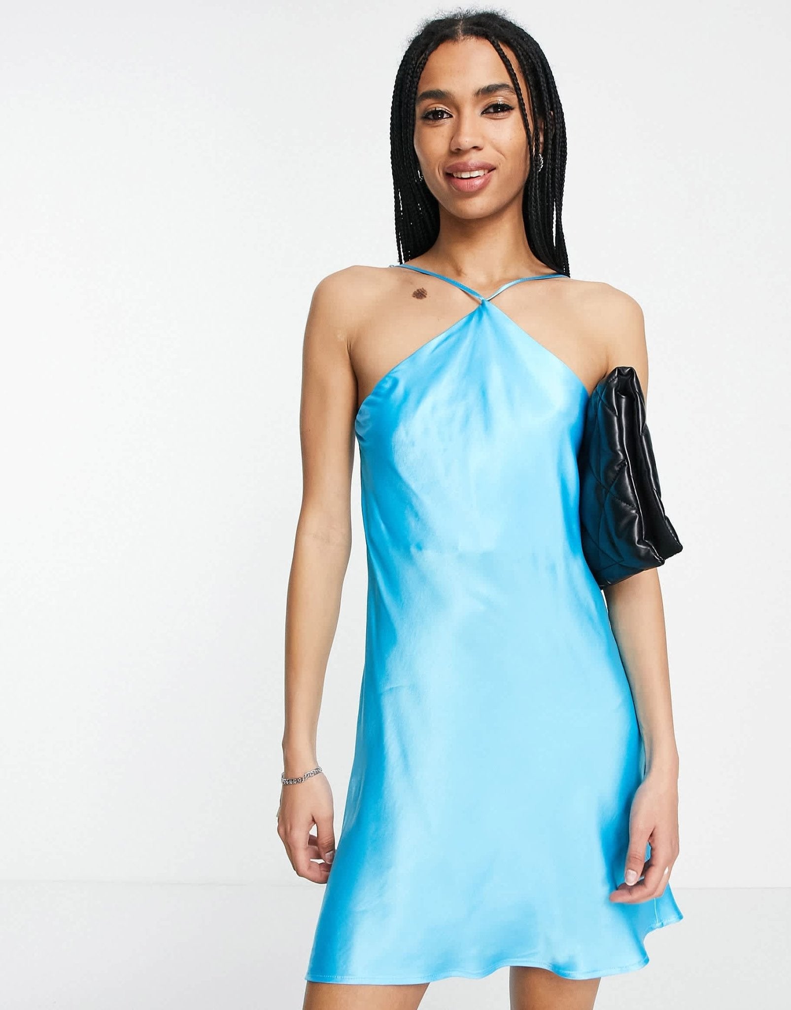 Bershka halterneck strap open back satin dress in soft blue - ASOS Sample Sale
