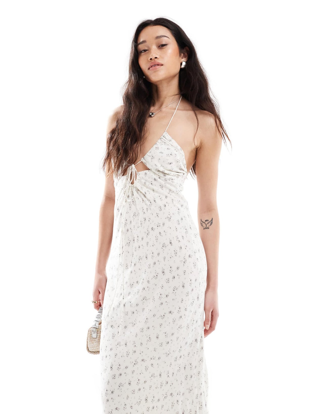 Bershka halterneck tie front maxi dress in ecru floral - ASOS Sample Sale