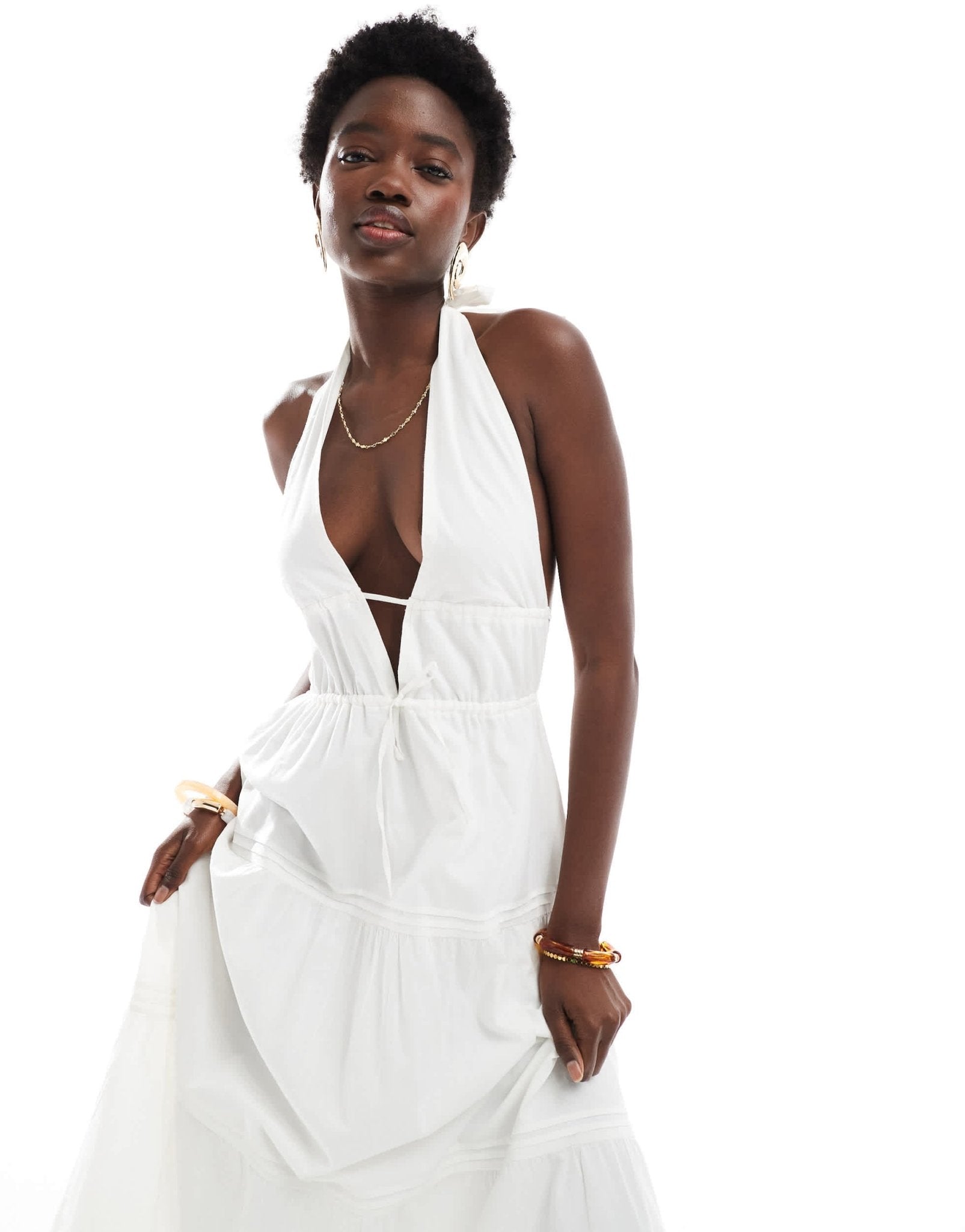Bershka halterneck tiered maxi dress in white - ASOS Sample Sale