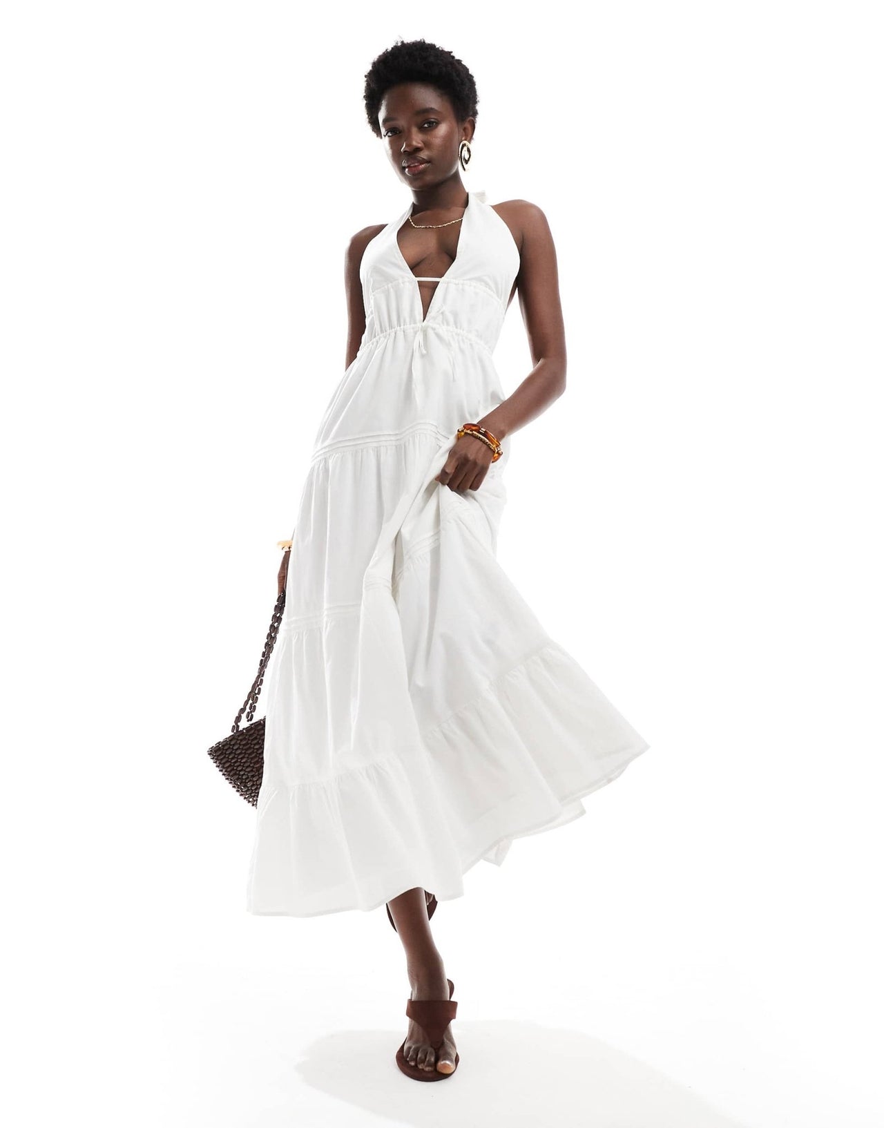 Bershka halterneck tiered maxi dress in white - ASOS Sample Sale