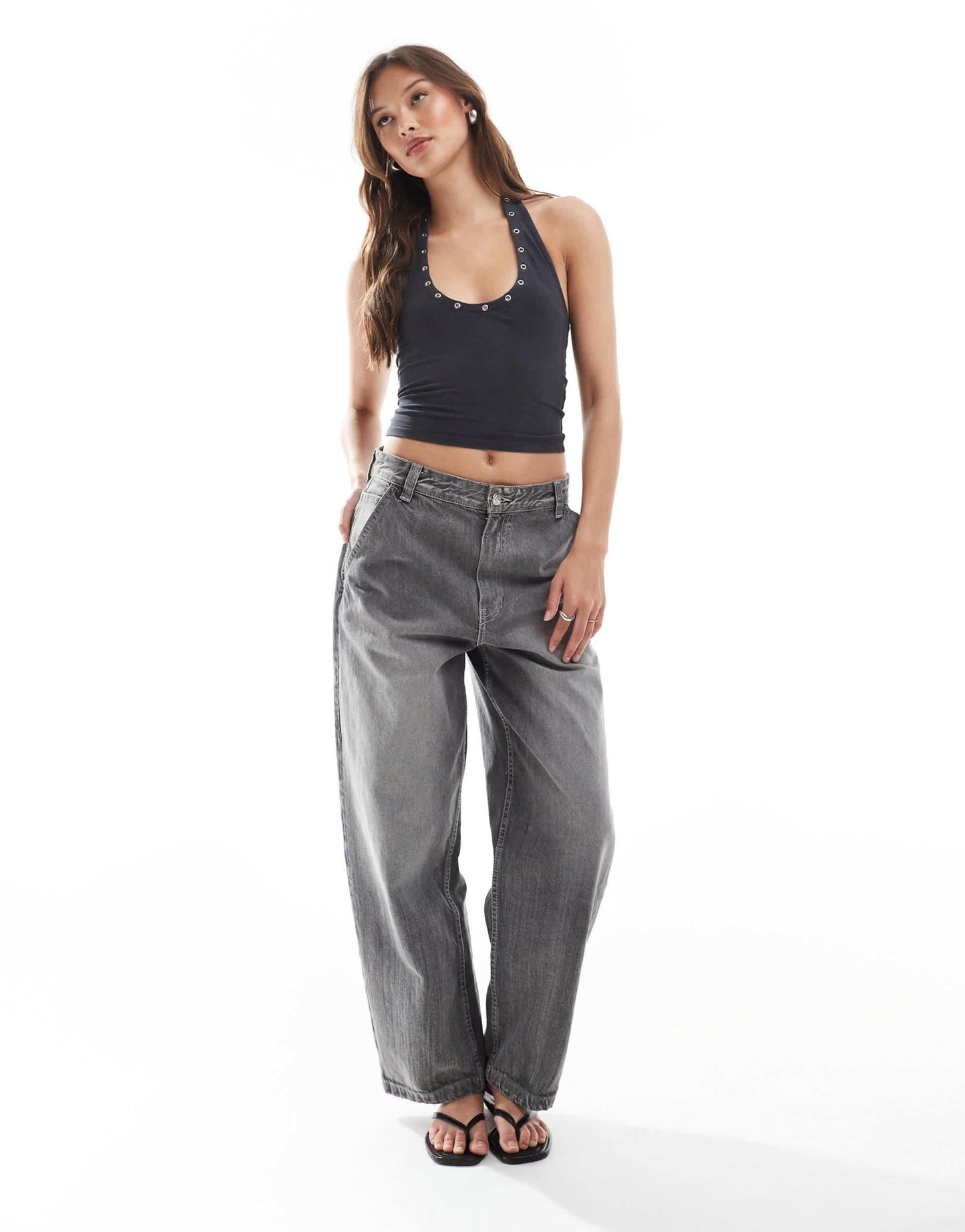 Bershka halterneck top with stud detail in washed black - ASOS Sample Sale