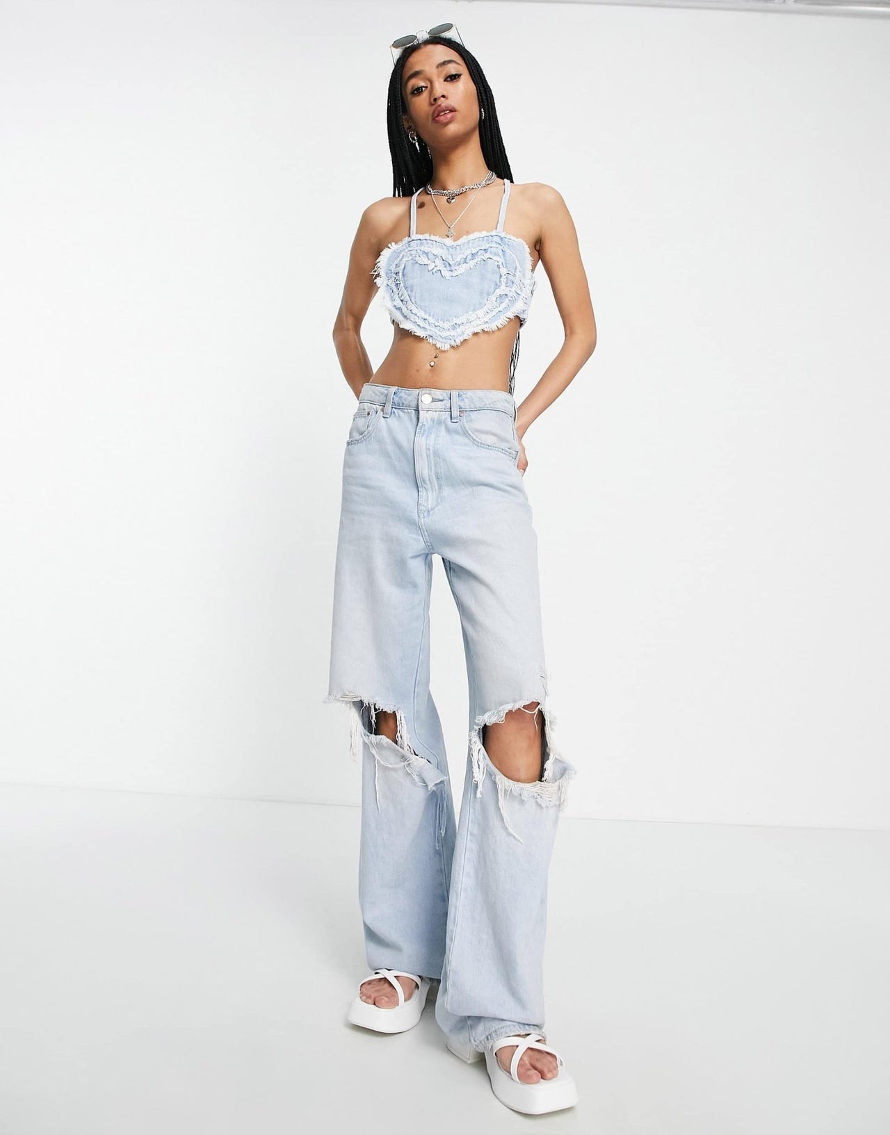 Bershka heart shape denim top in light blue - ASOS Sample Sale