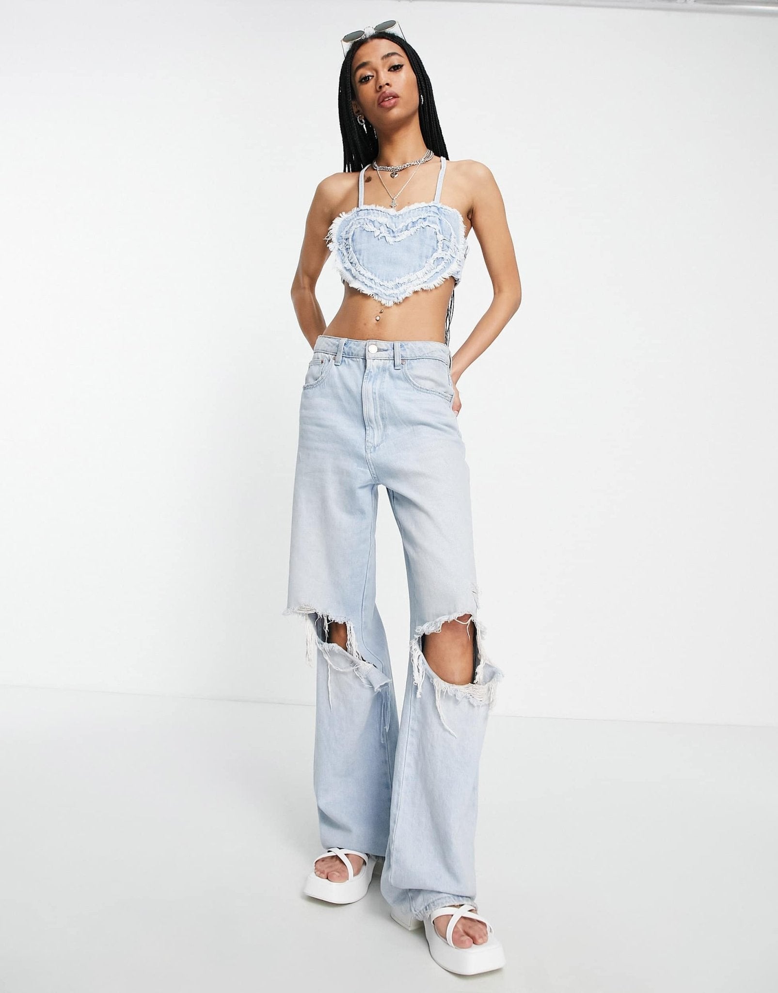 Bershka heart shape denim top in light blue - ASOS Sample Sale