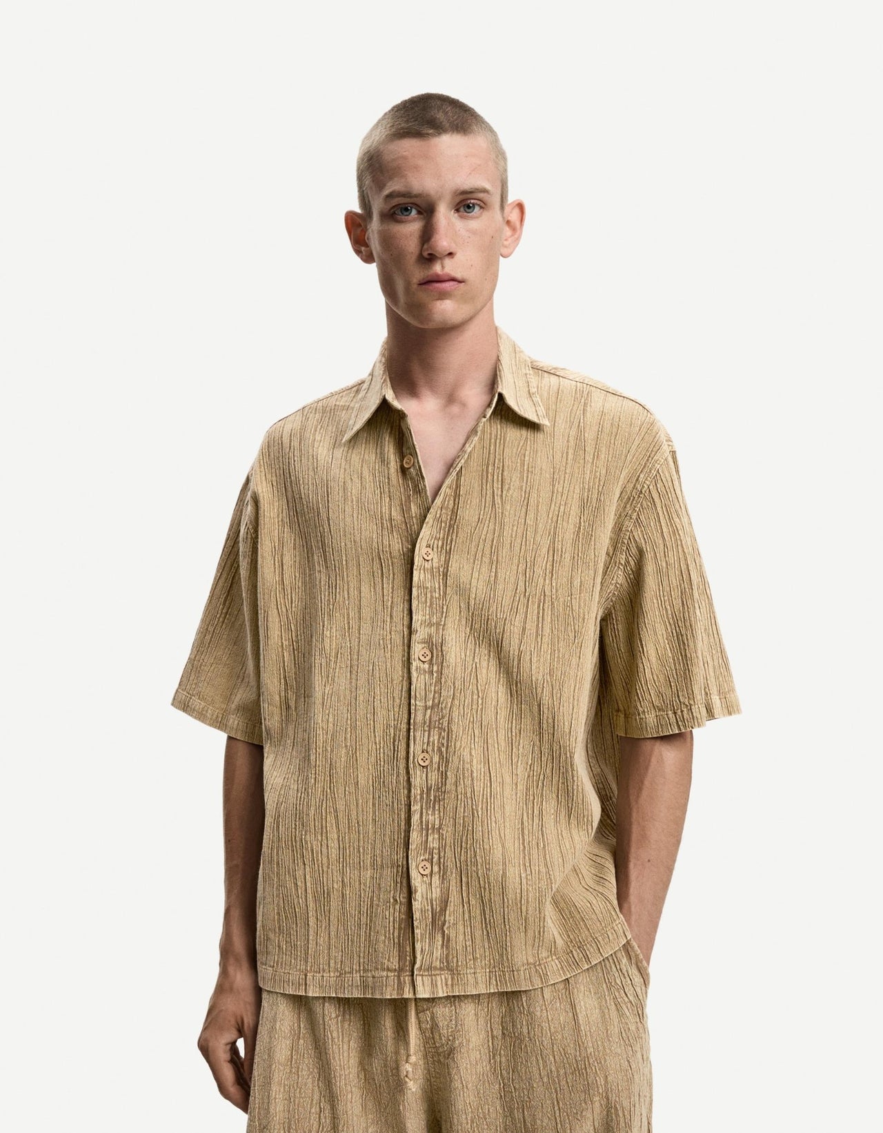 Bershka heavy plisse co-ord shirt in sand - ASOS Sample Sale