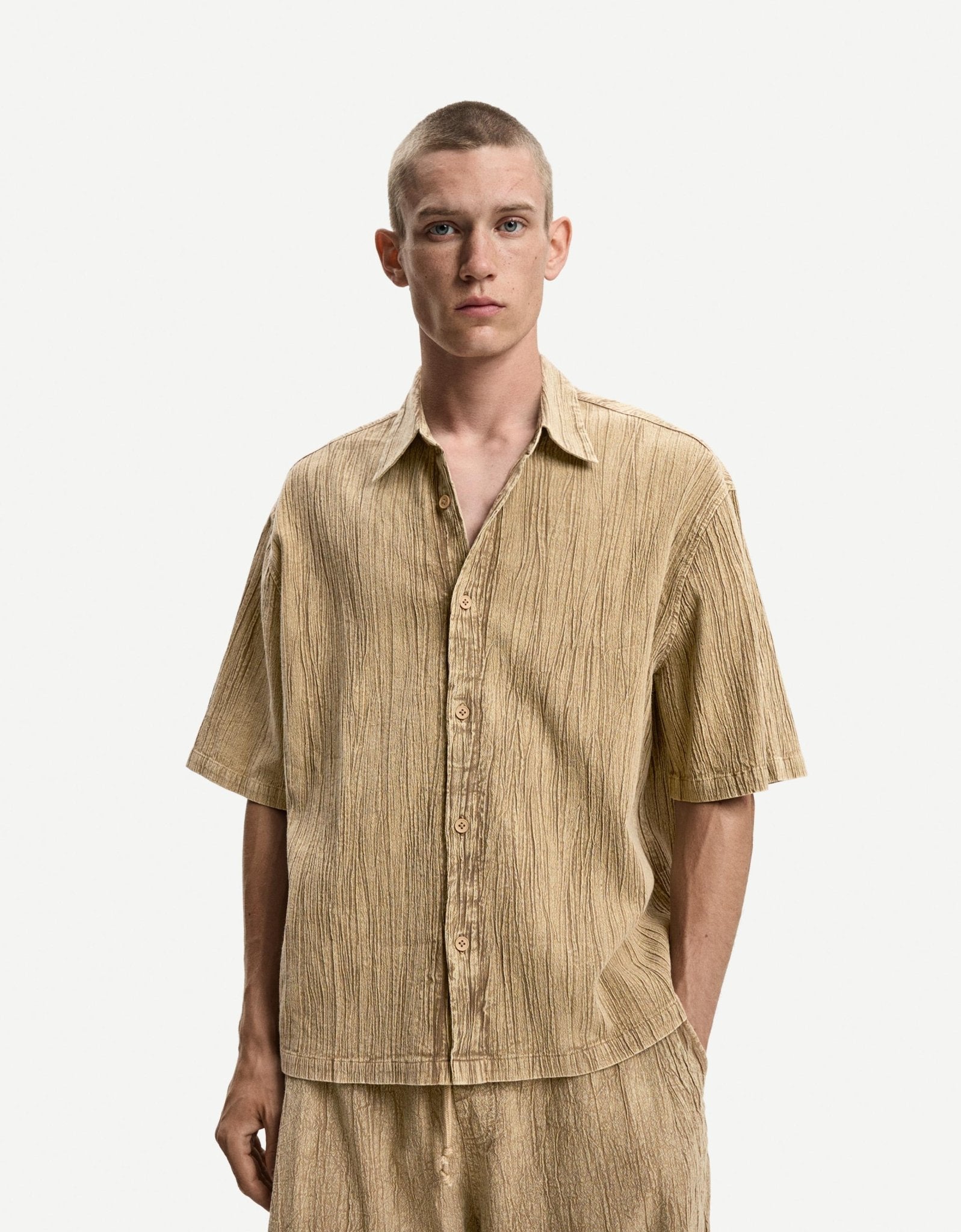 Bershka heavy plisse co-ord shirt in sand - ASOS Sample Sale