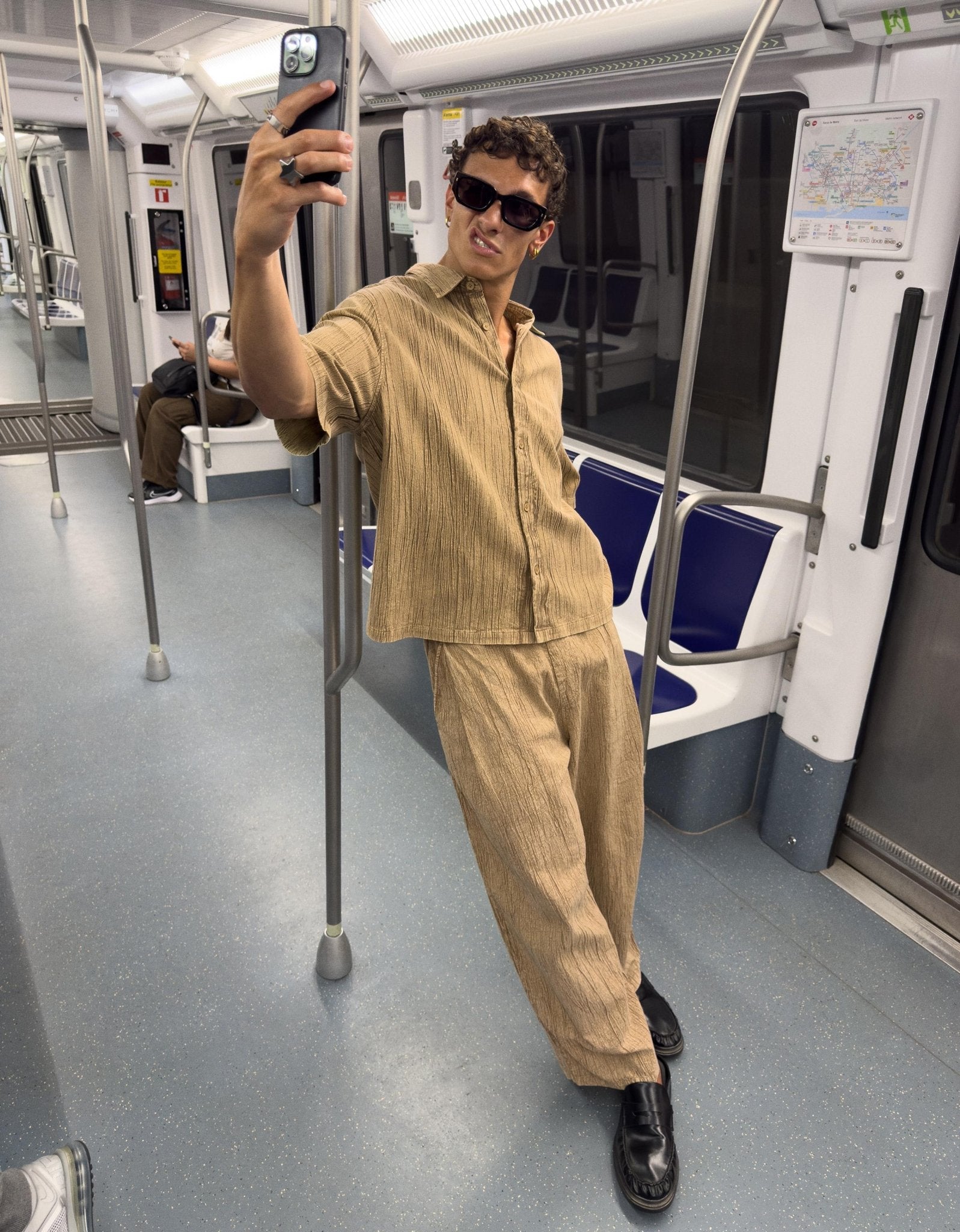 Bershka heavy plisse co-ord shirt in sand - ASOS Sample Sale