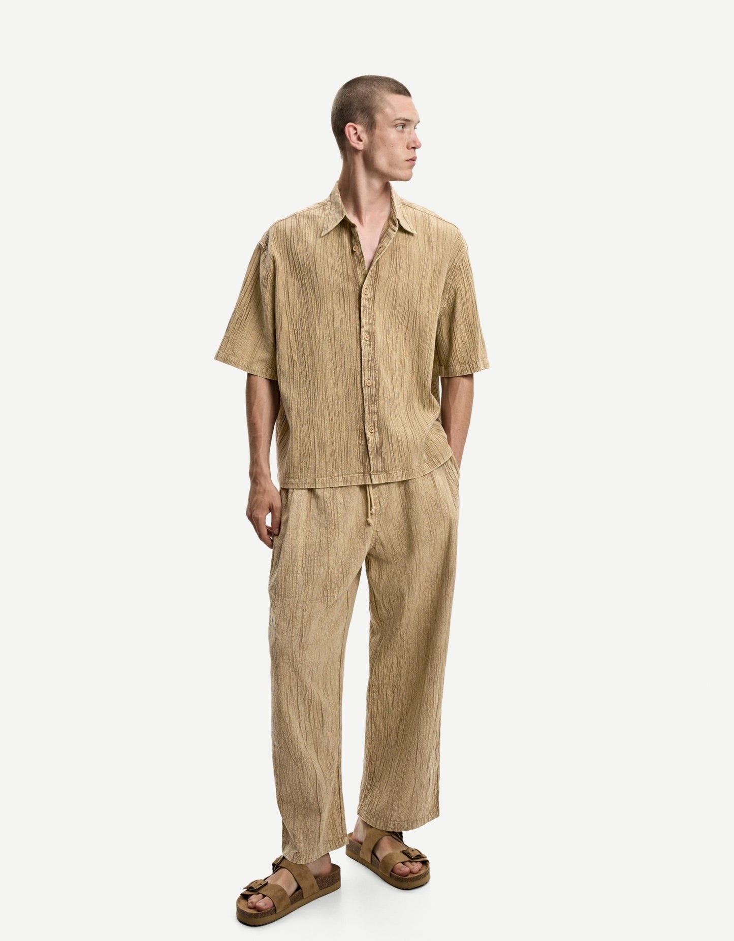 Bershka heavy plisse co-ord shirt in sand - ASOS Sample Sale