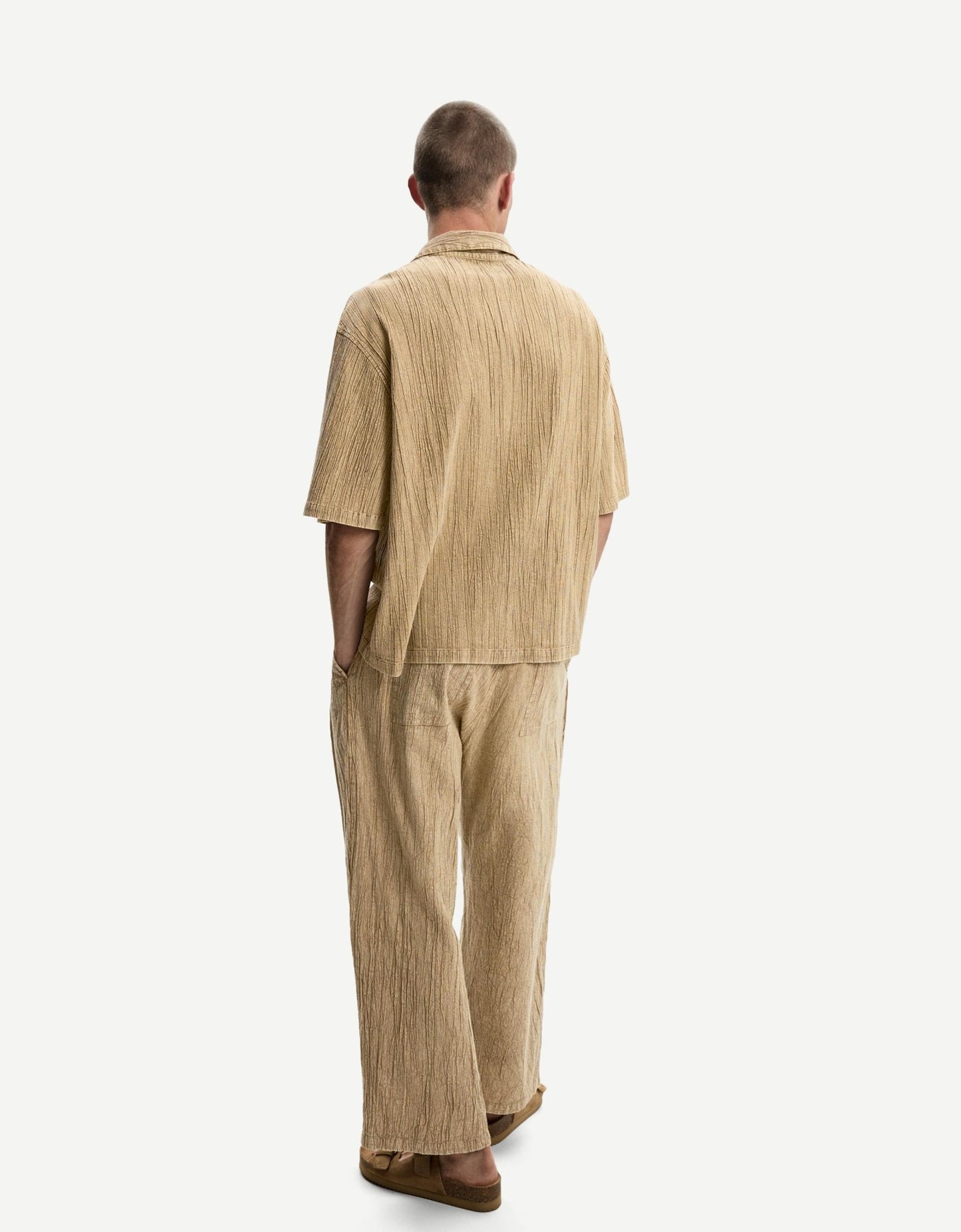 Bershka heavy plisse co-ord shirt in sand - ASOS Sample Sale