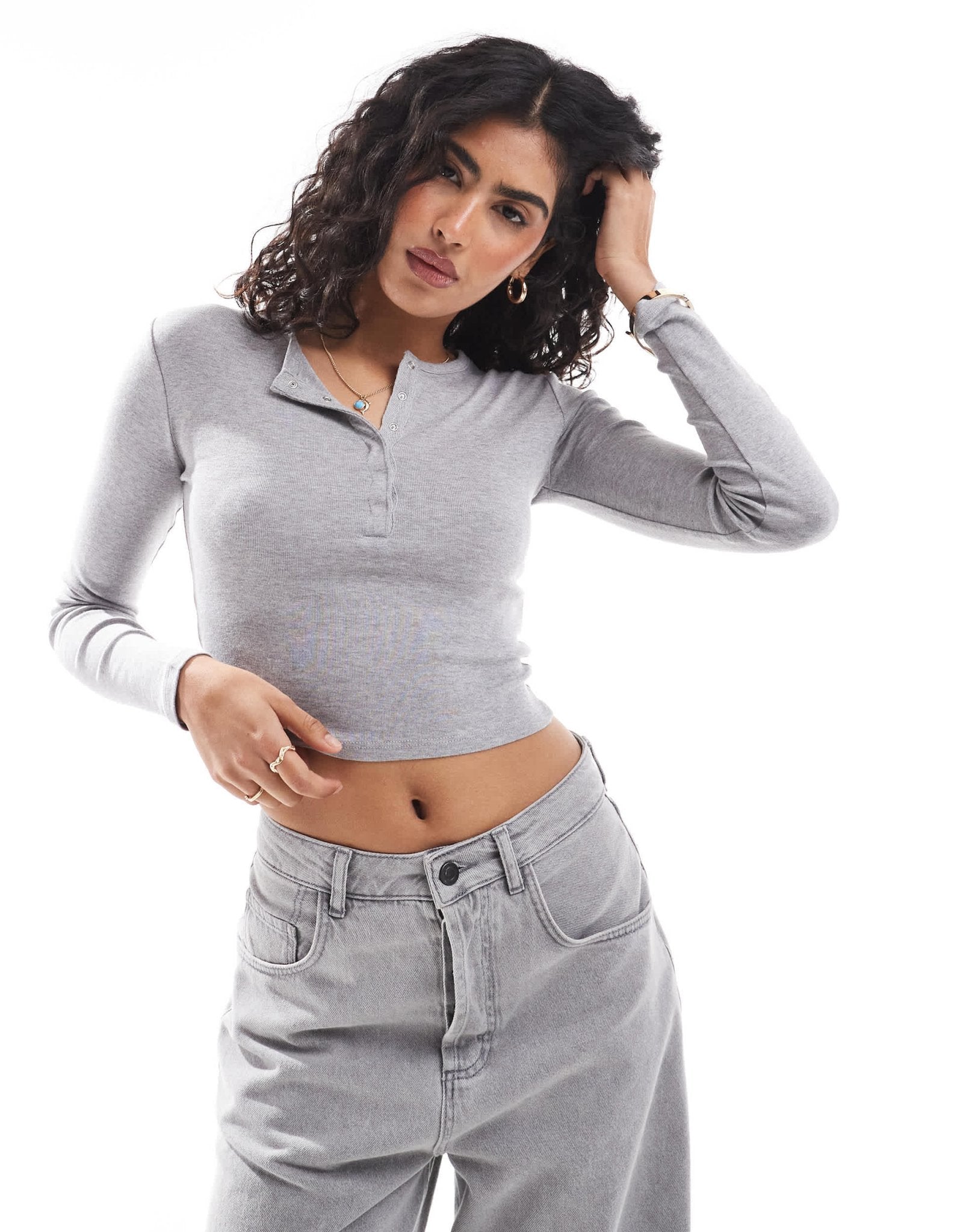 Bershka henley top in grey melange - ASOS Sample Sale