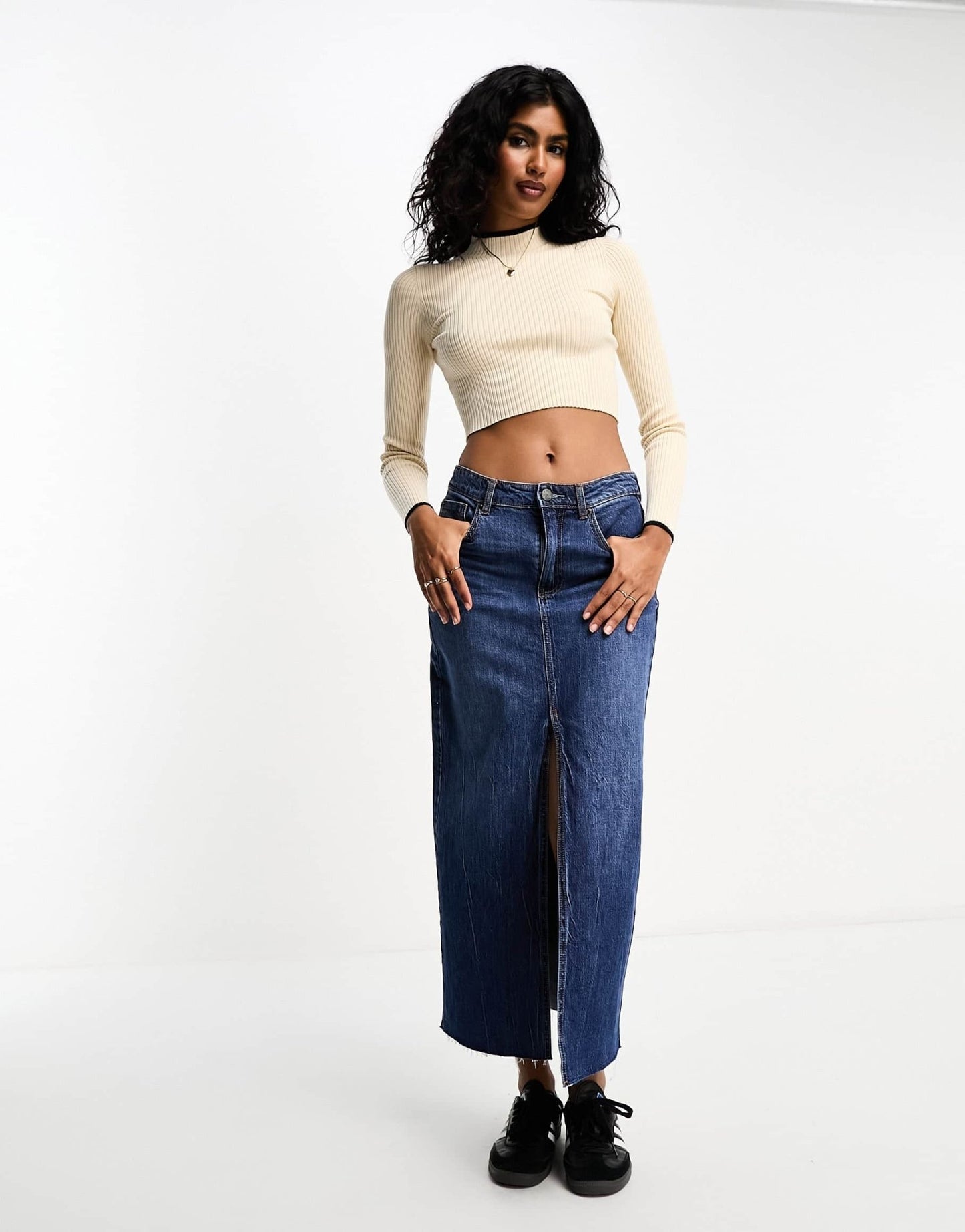 Bershka high neck contrast trim cropped jumper in beige - ASOS Sample Sale