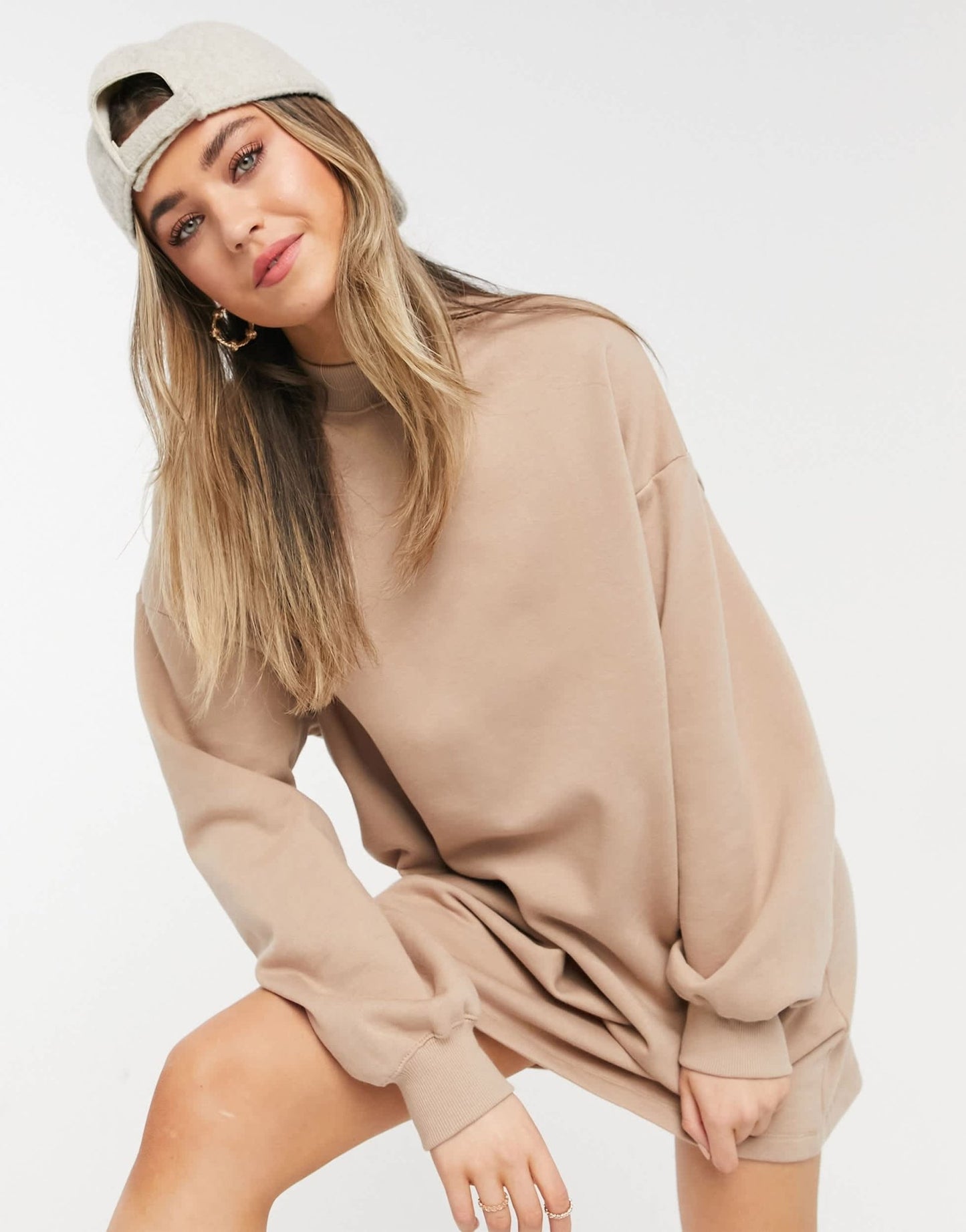 Bershka high neck sweat jumper dress in beige - ASOS Sample Sale