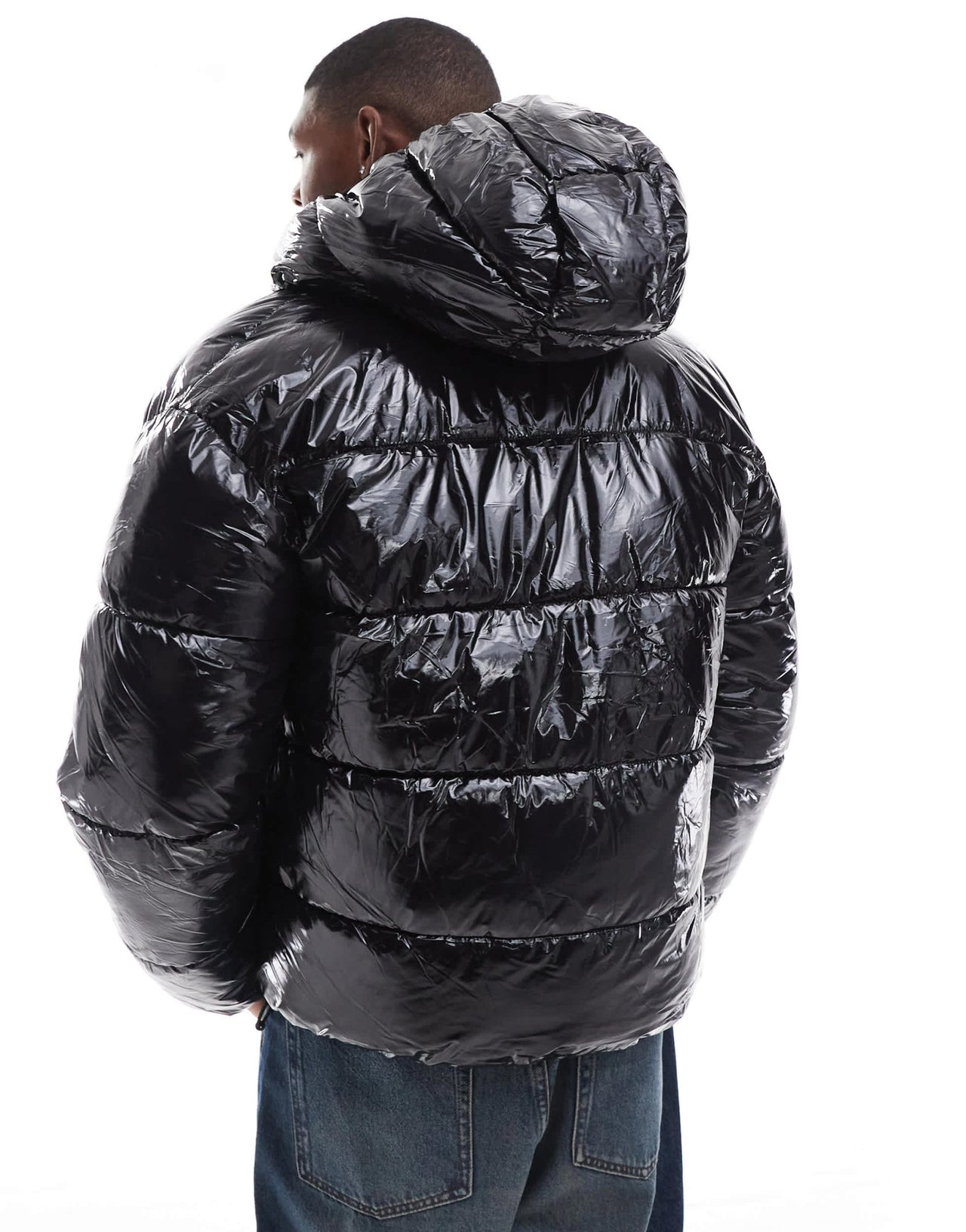 Bershka high shine puffer jacket with hood in black - ASOS Sample Sale