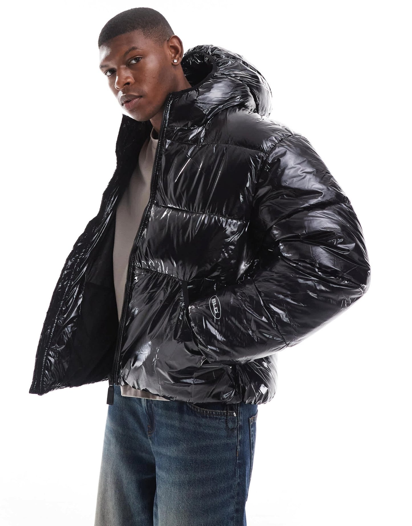 Bershka high shine puffer jacket with hood in black - ASOS Sample Sale
