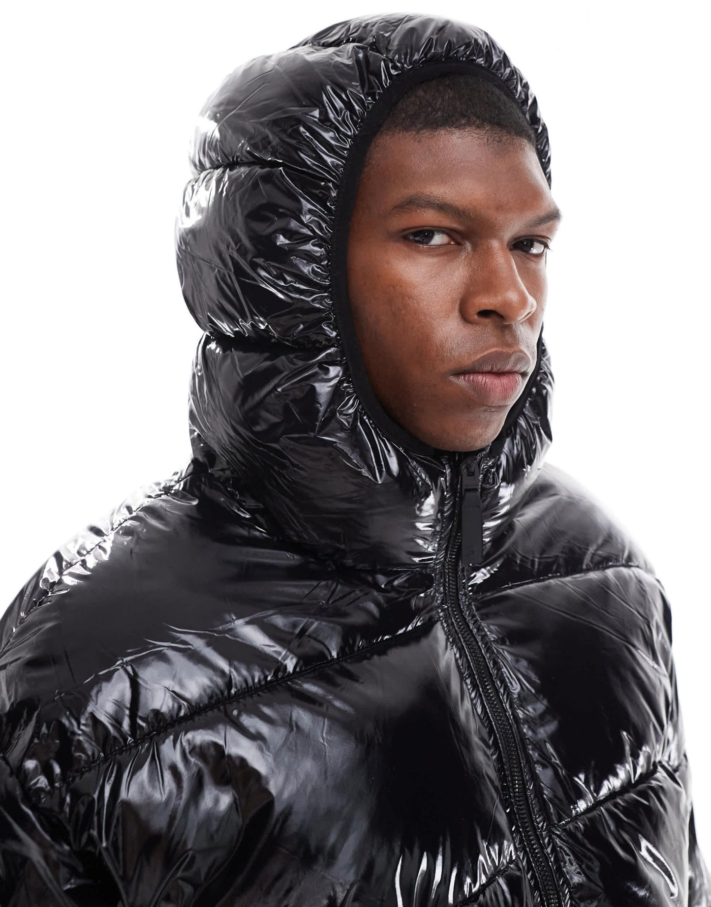 Bershka high shine puffer jacket with hood in black - ASOS Sample Sale