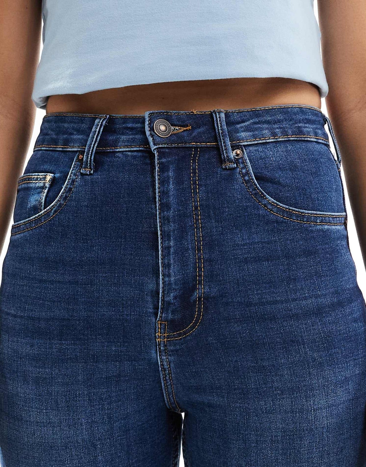 Bershka high waist ankle length skinny jean in mid blue - ASOS Sample Sale