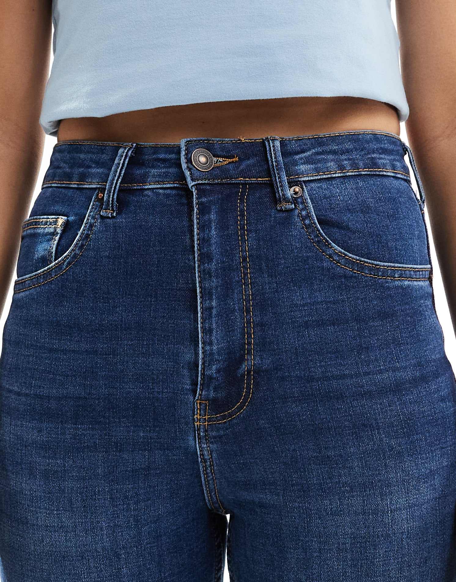 Bershka high waist ankle length skinny jean in mid blue - ASOS Sample Sale