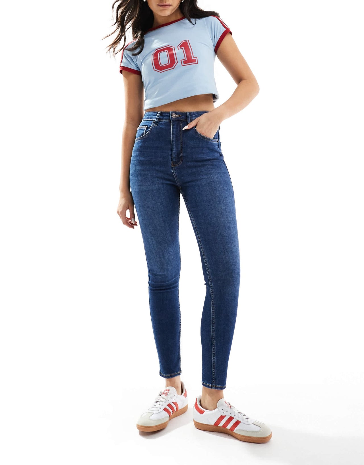 Bershka high waist ankle length skinny jean in mid blue - ASOS Sample Sale