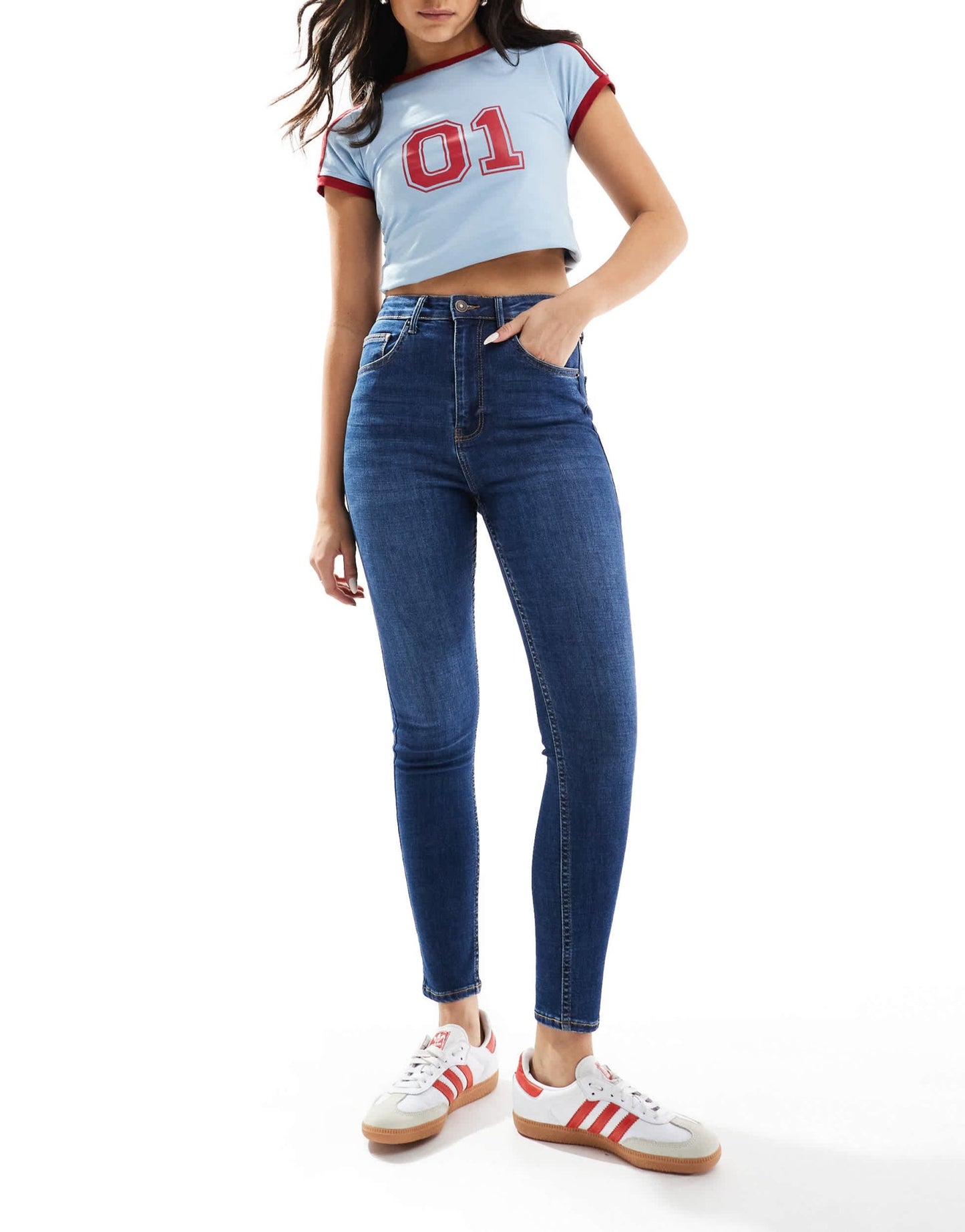 Bershka high waist ankle length skinny jean in mid blue - ASOS Sample Sale