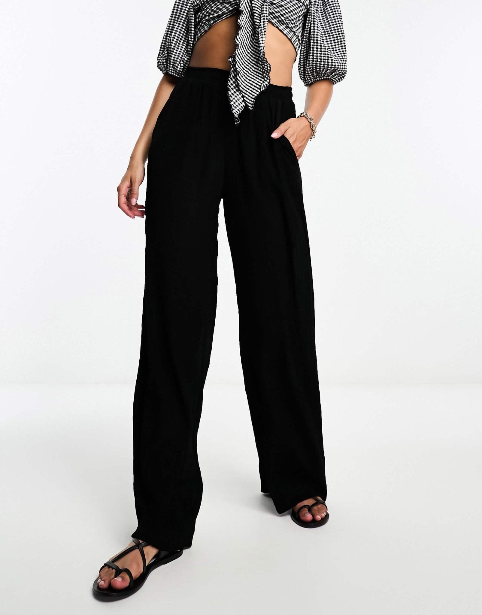 Bershka high waisted crinkle trousers in black - ASOS Sample Sale