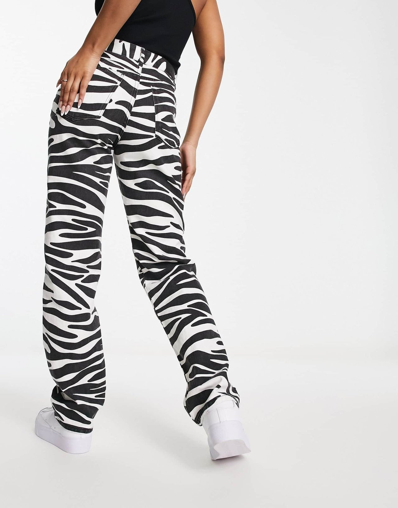 Bershka high waisted cropped straight leg jeans in zebra print - ASOS Sample Sale