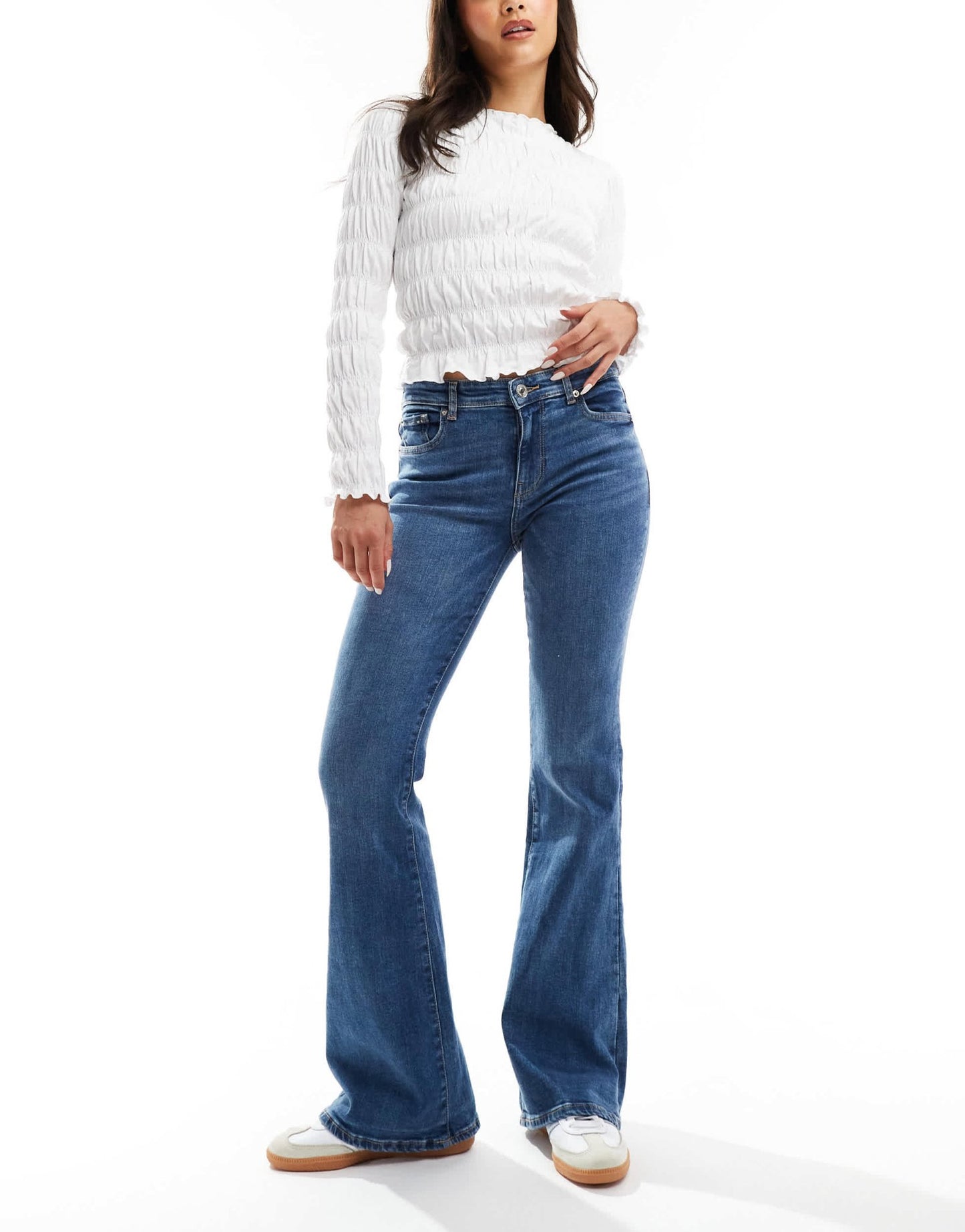 Bershka high waisted flared jeans in mid wash blue - ASOS Sample Sale