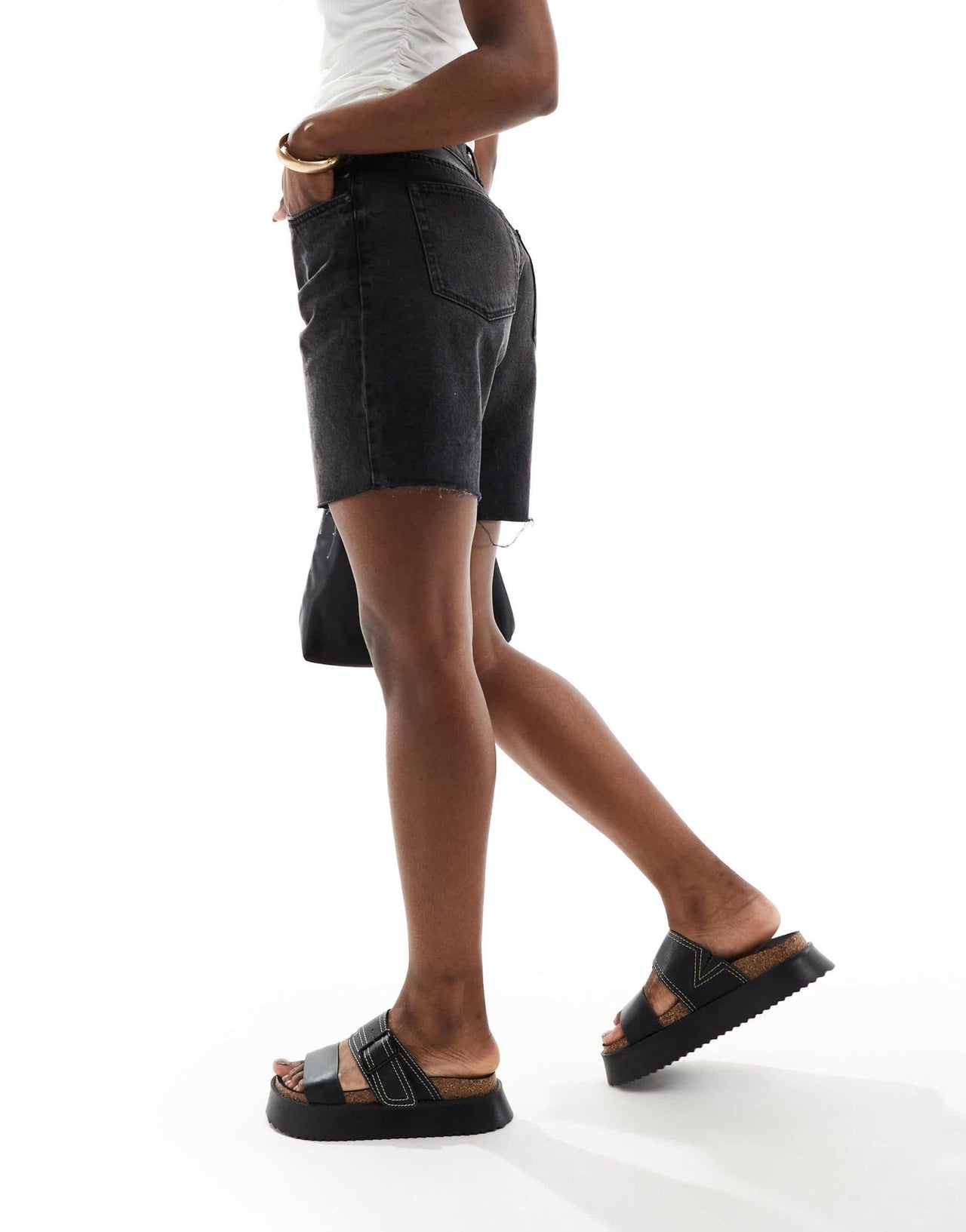 Bershka high waisted raw hem longline denim shorts in washed black - ASOS Sample Sale