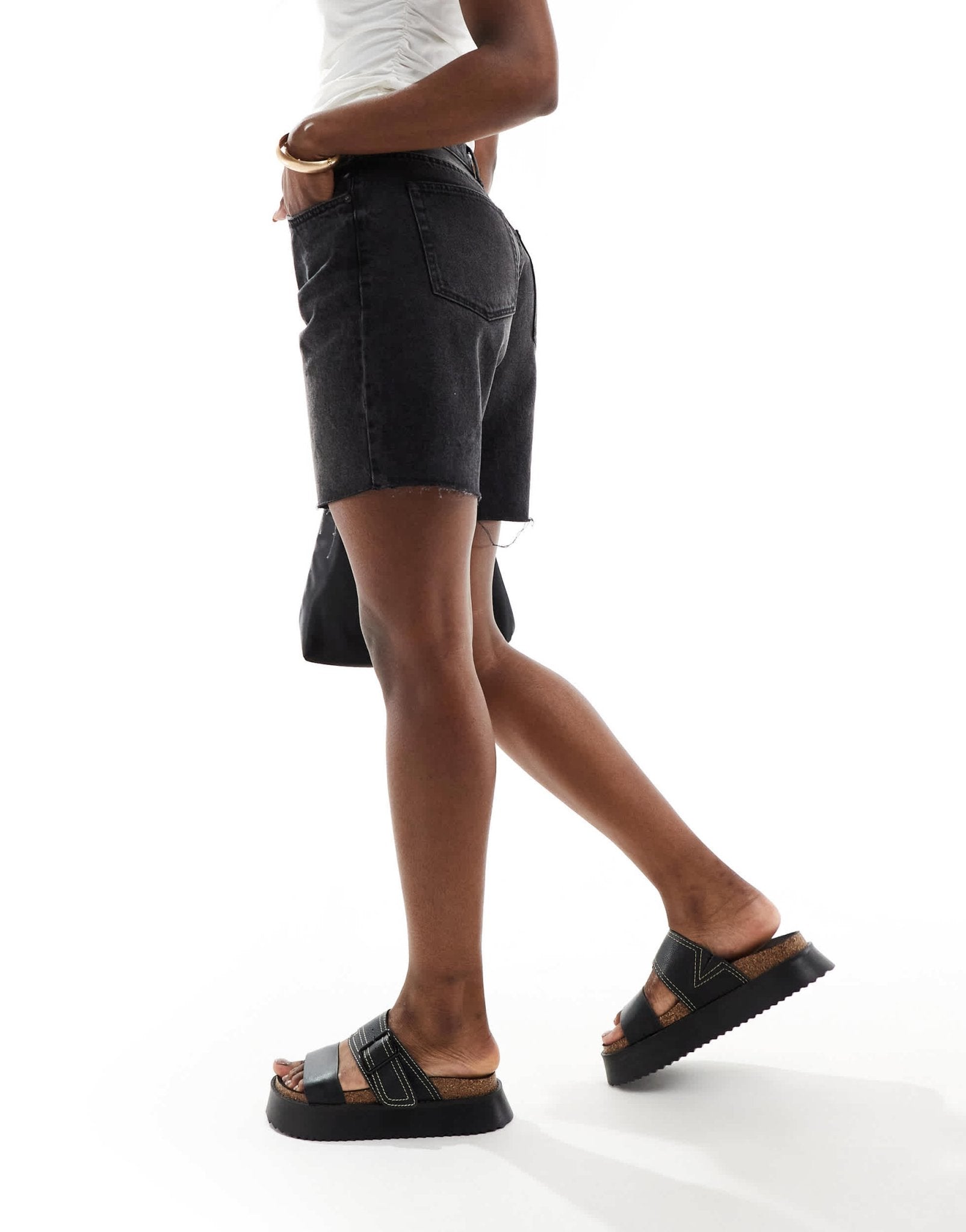 Bershka high waisted raw hem longline denim shorts in washed black - ASOS Sample Sale