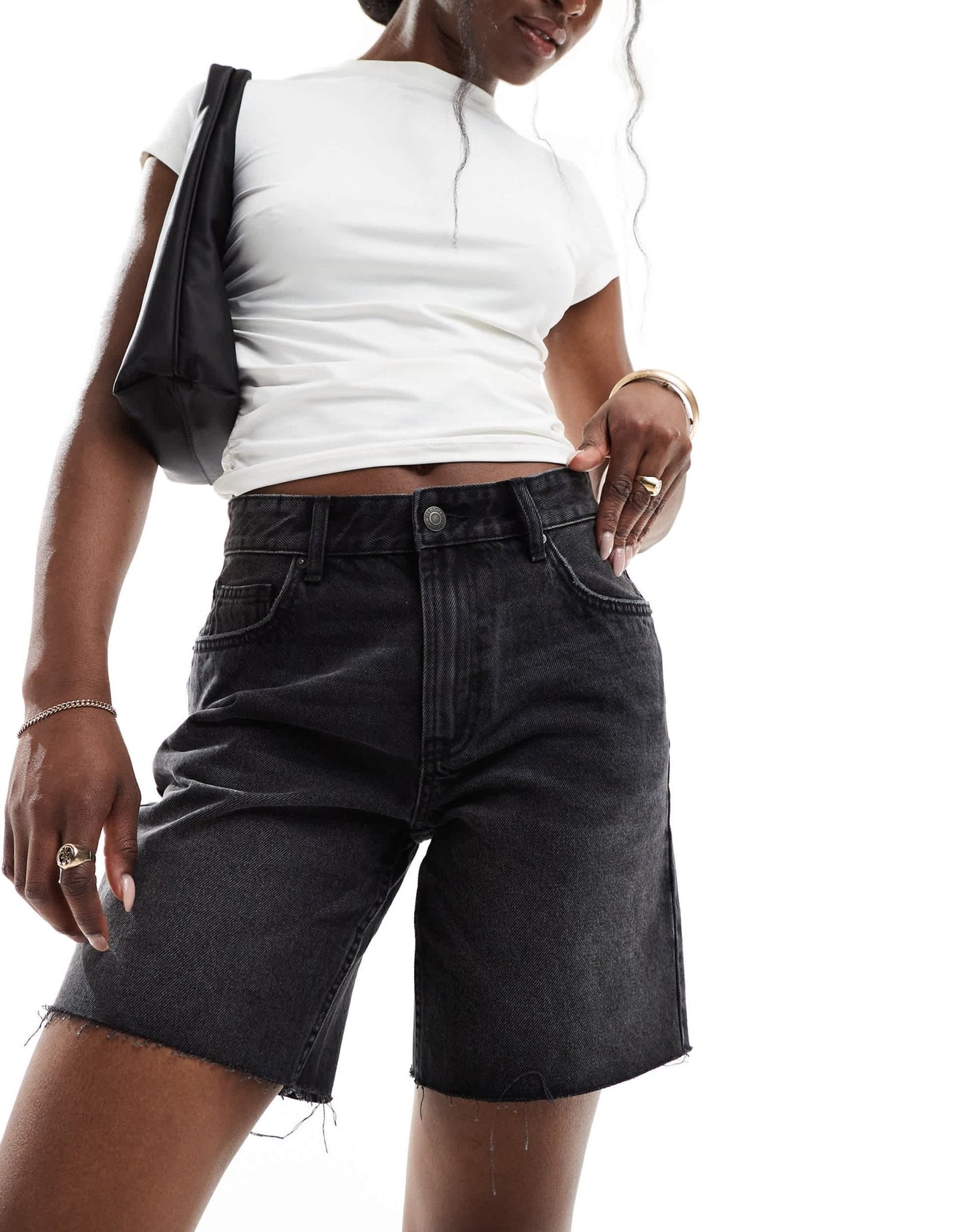 Bershka high waisted raw hem longline denim shorts in washed black - ASOS Sample Sale
