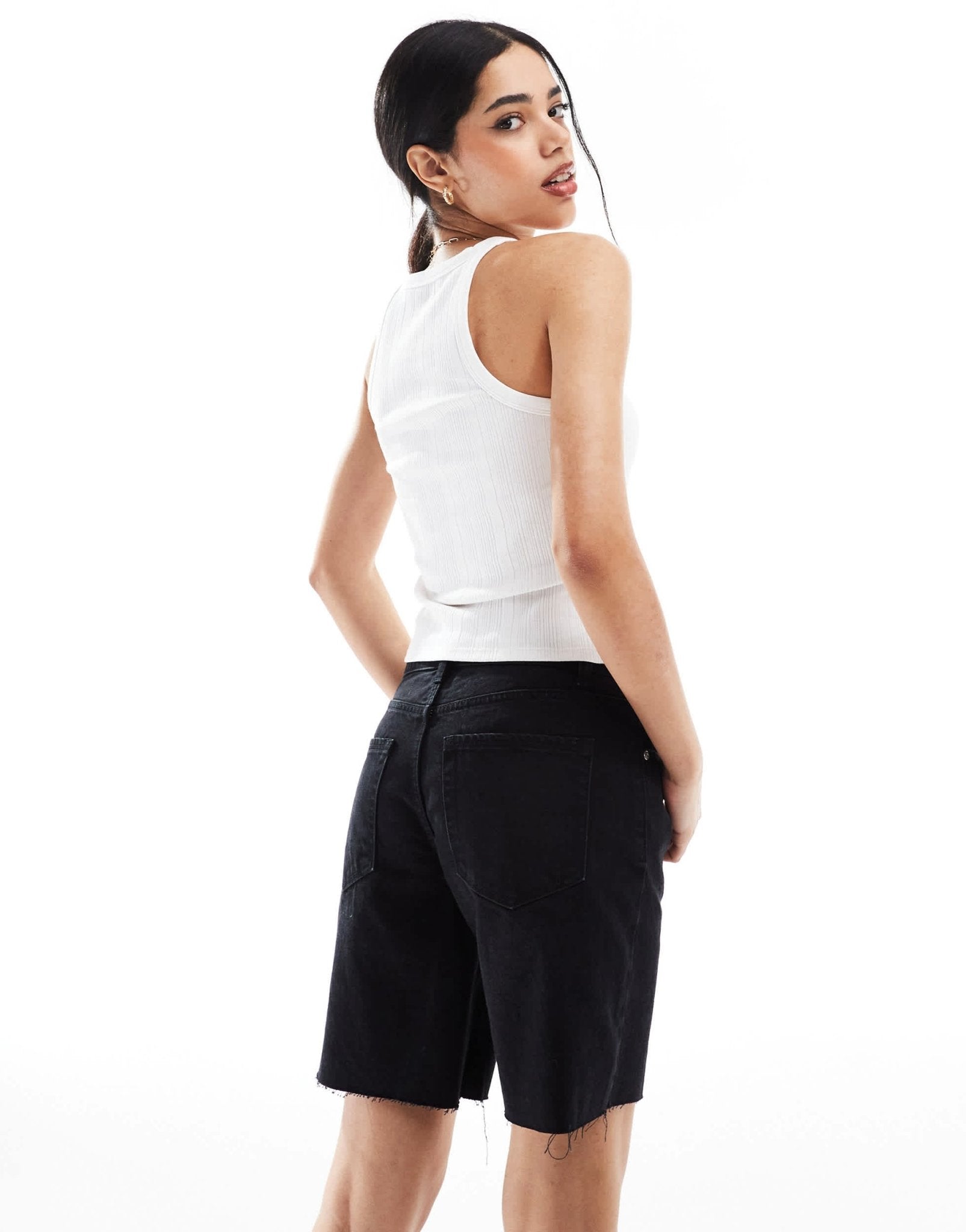 Bershka high waisted raw hem longline denim shorts in washed black - ASOS Sample Sale