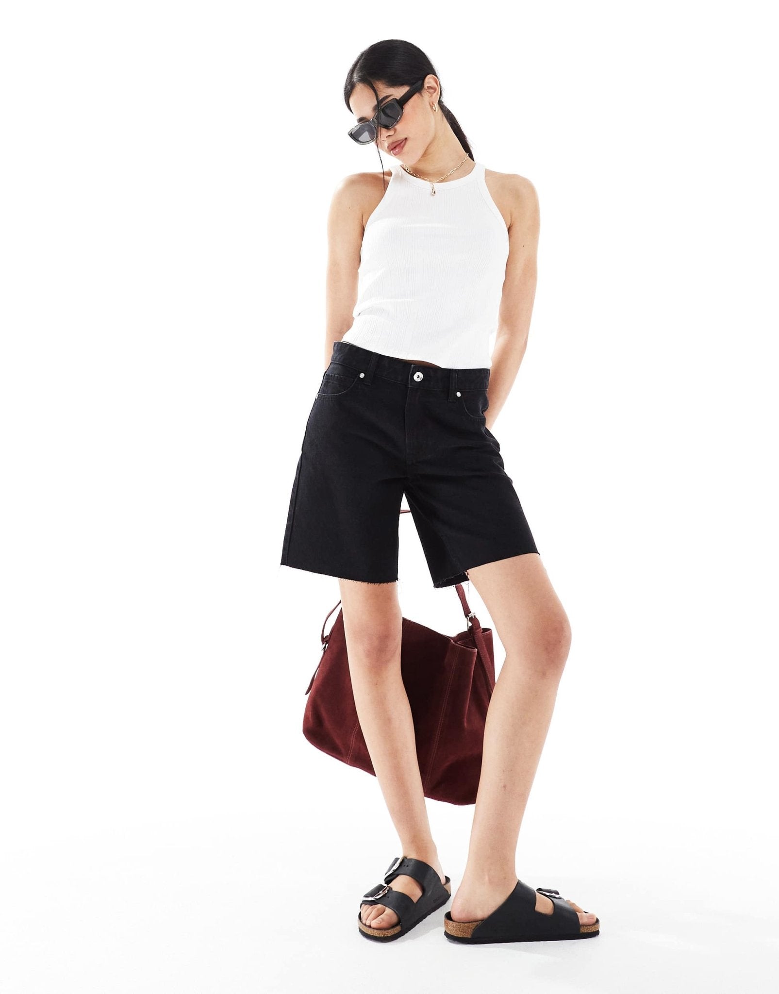 Bershka high waisted raw hem longline denim shorts in washed black - ASOS Sample Sale