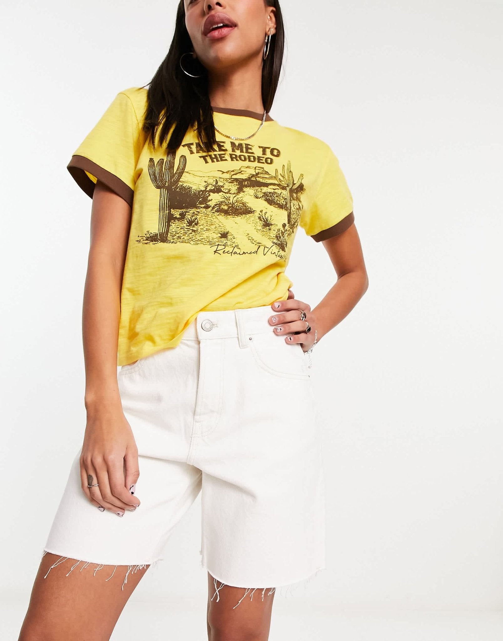 Bershka high waisted raw hem longline denim shorts in white - ASOS Sample Sale