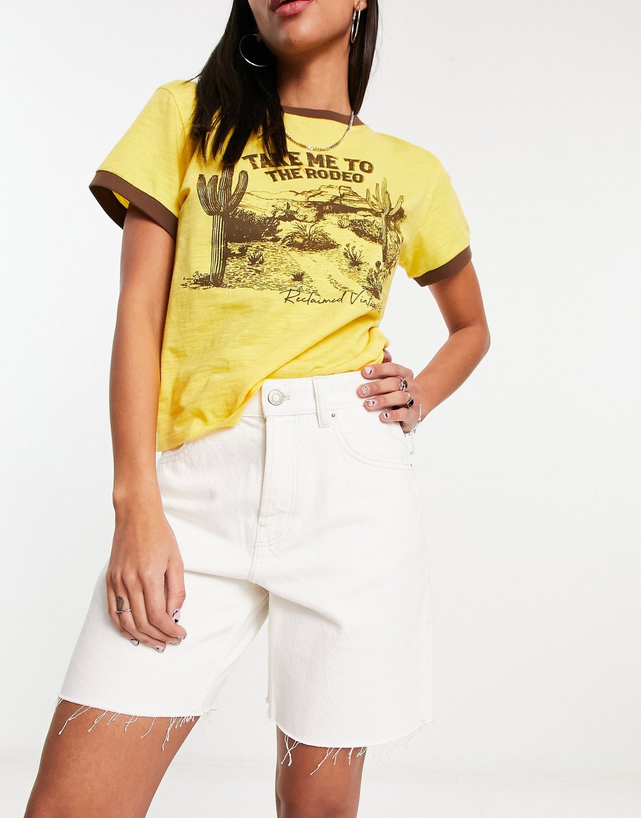 Bershka high waisted raw hem longline denim shorts in white - ASOS Sample Sale