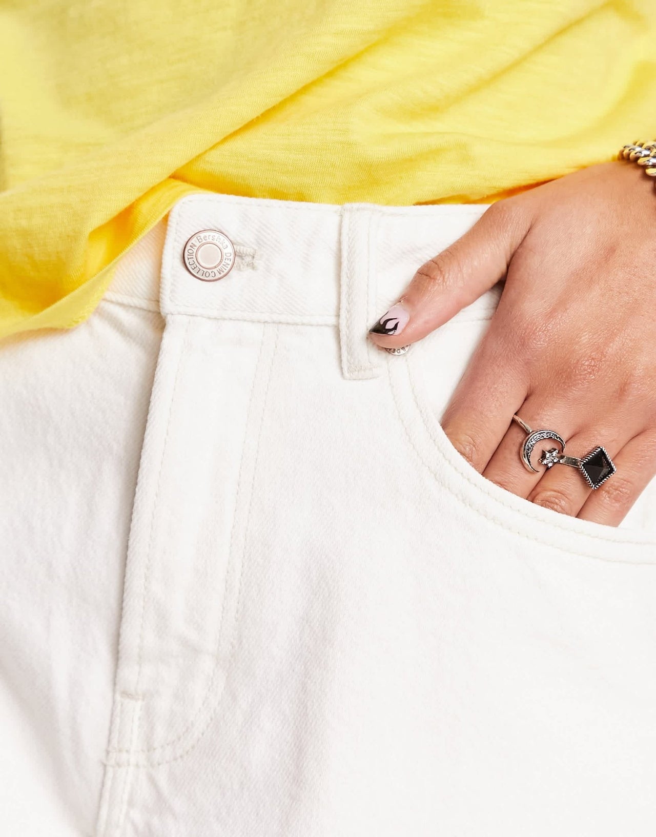 Bershka high waisted raw hem longline denim shorts in white - ASOS Sample Sale