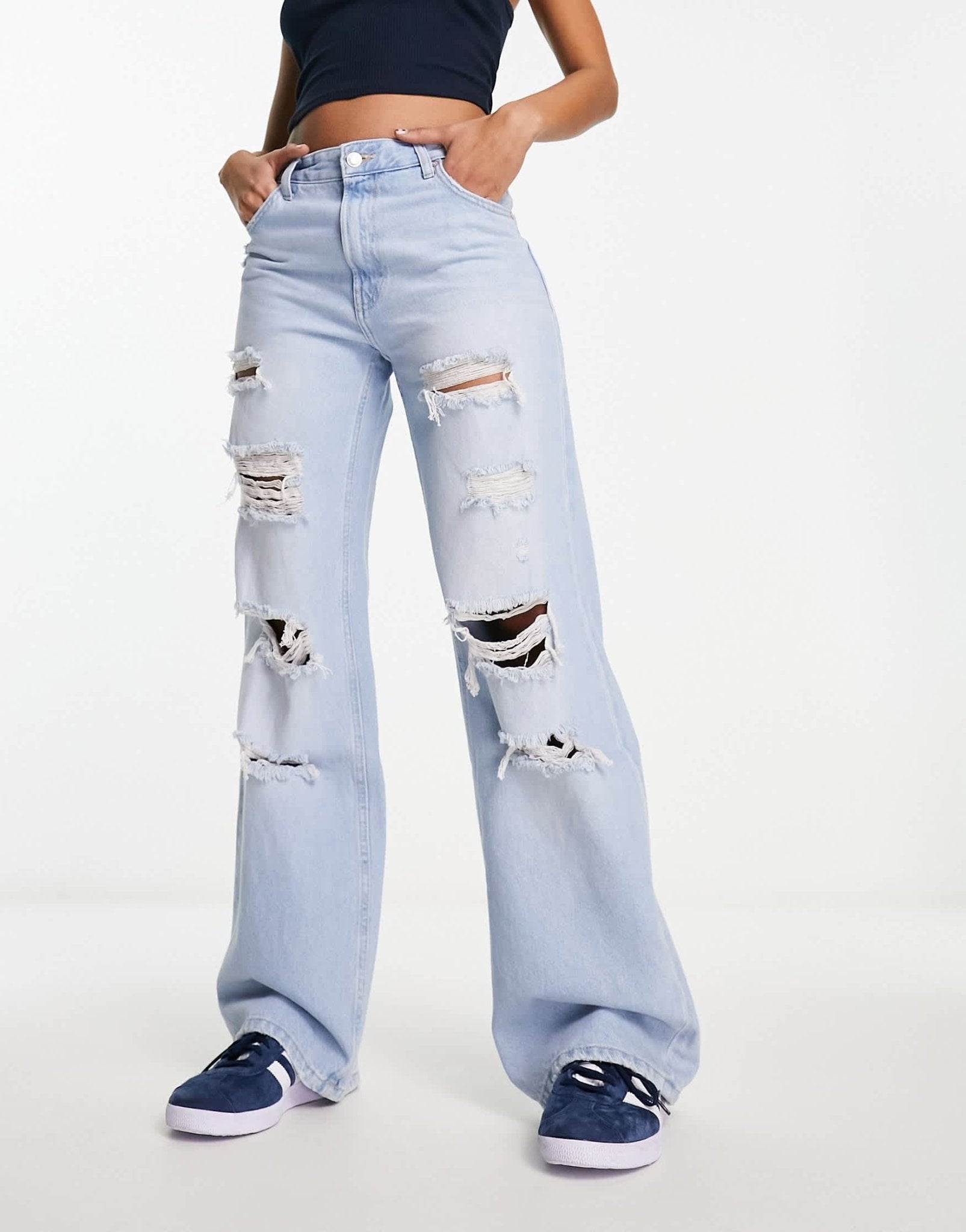 Bershka high waisted ripped ultra wide leg jeans in bleach wash - ASOS Sample Sale