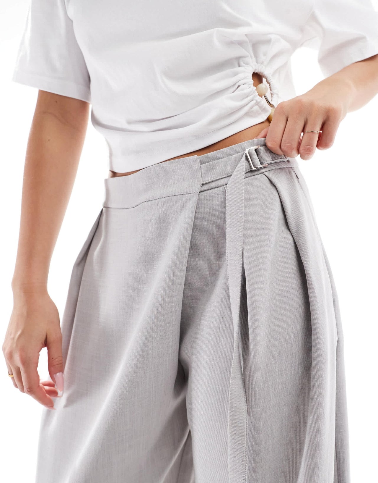 Bershka high waisted tie detail wide leg tailored trousers in grey - ASOS Sample Sale