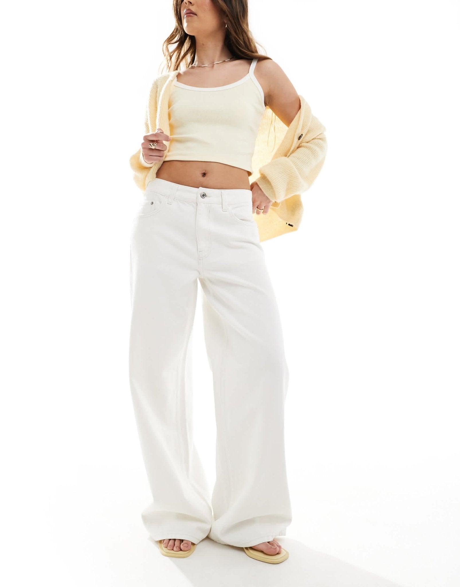 Bershka high waisted wide leg baggy jeans in ecru - ASOS Sample Sale