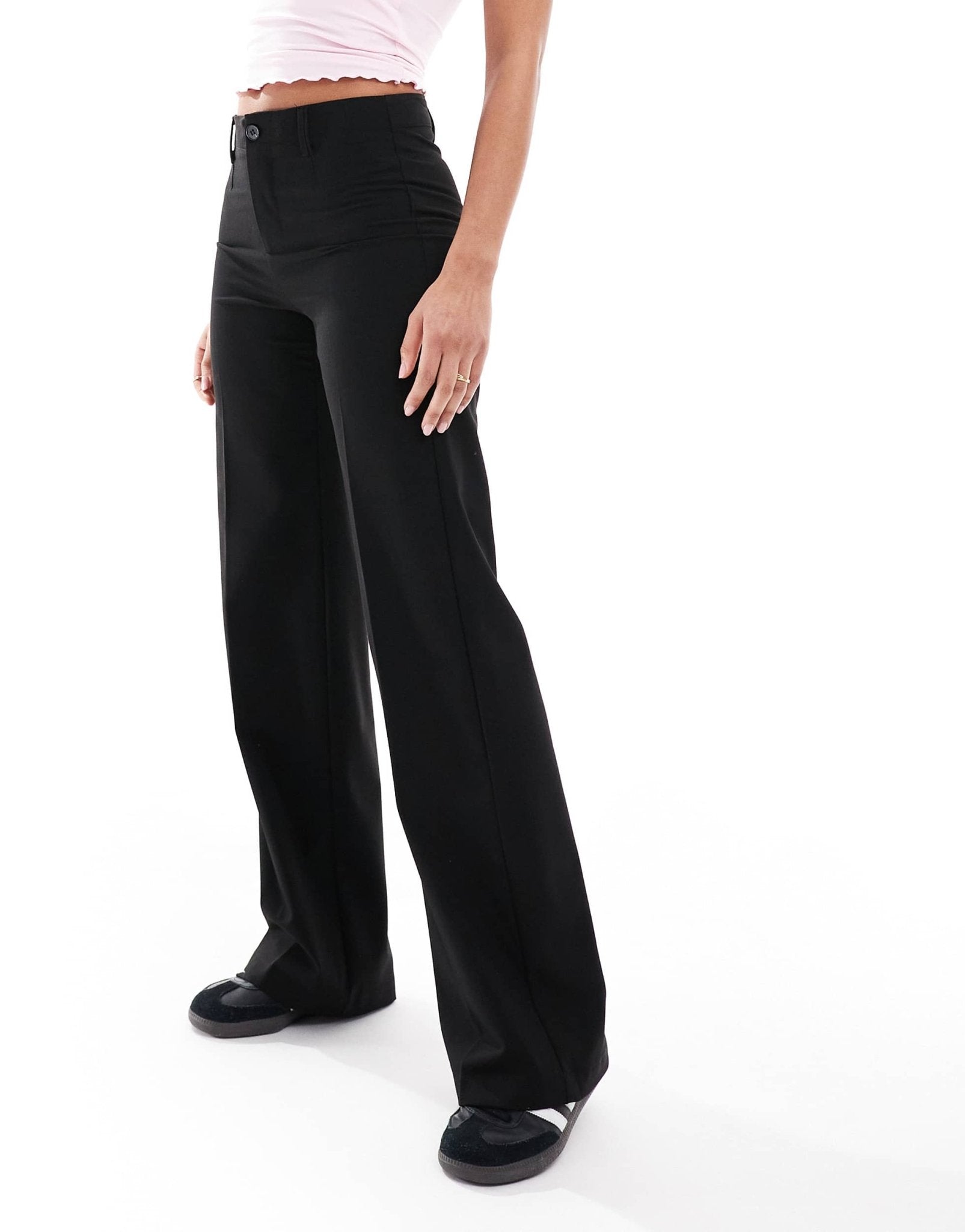 Bershka high waisted wide leg tailored trouser in black - ASOS Sample Sale