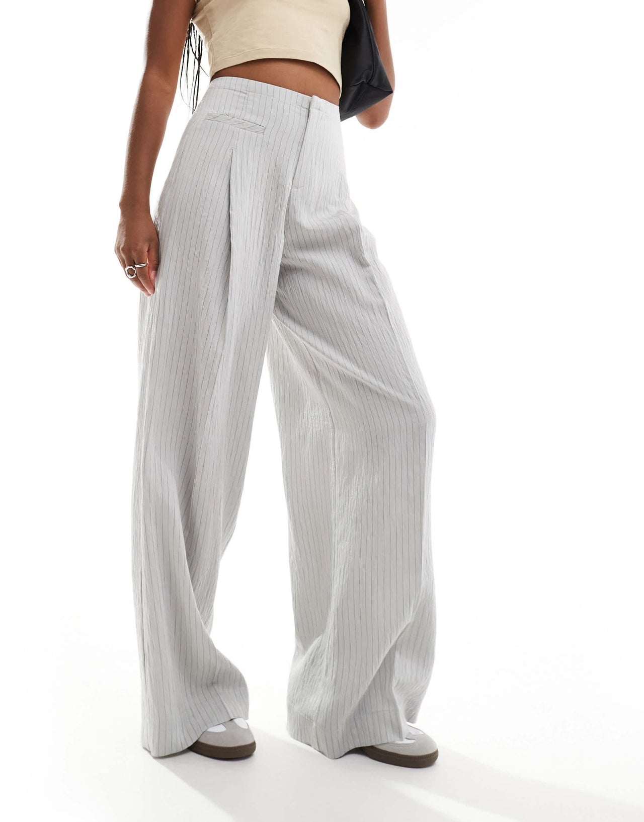 Bershka high waisted wide leg tailored trousers in light grey stripe - ASOS Sample Sale