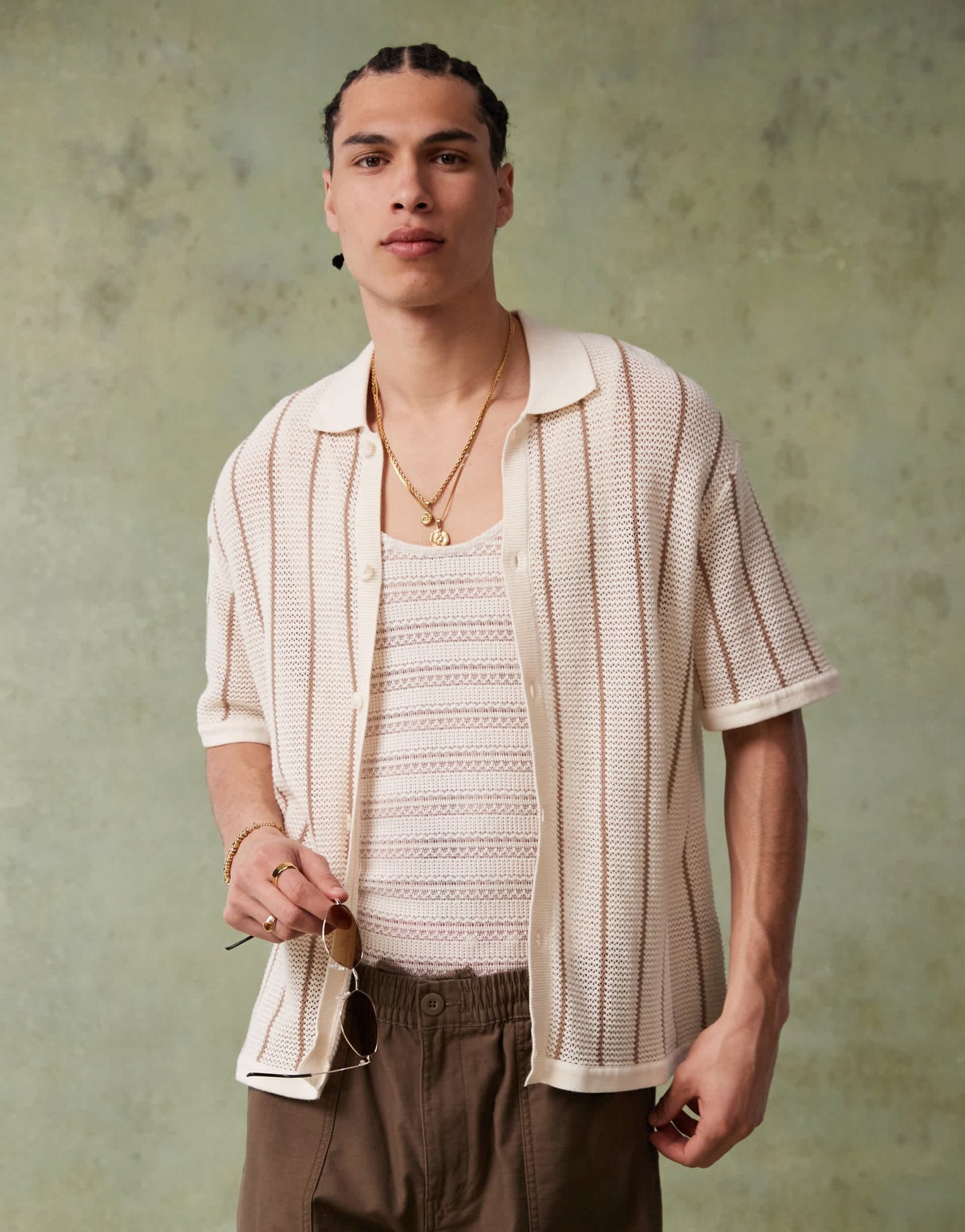 Bershka knitted button through stripe shirt in ecru - ASOS Sample Sale