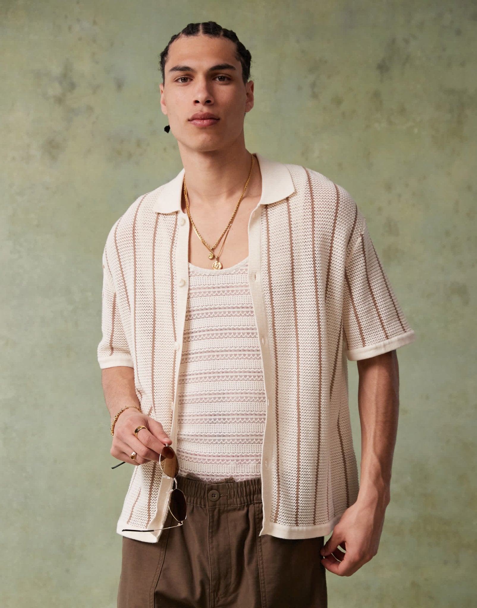Bershka knitted button through stripe shirt in ecru - ASOS Sample Sale