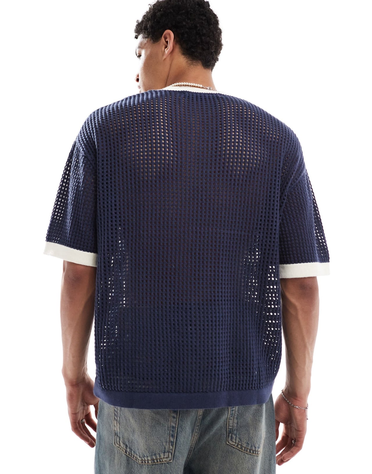 Bershka knitted mesh late club t-shirt in navy - ASOS Sample Sale