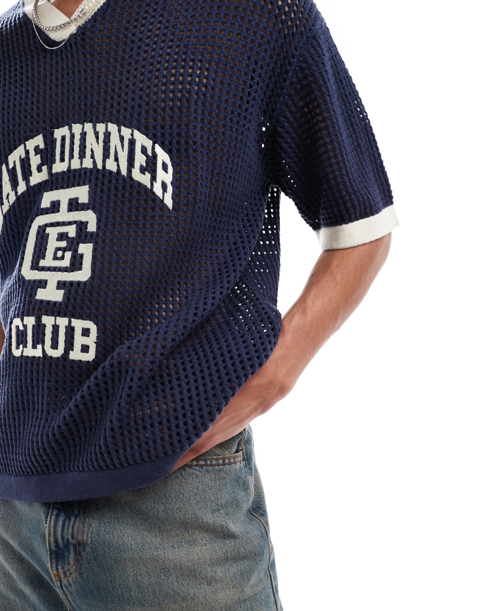 Bershka knitted mesh late club t-shirt in navy - ASOS Sample Sale