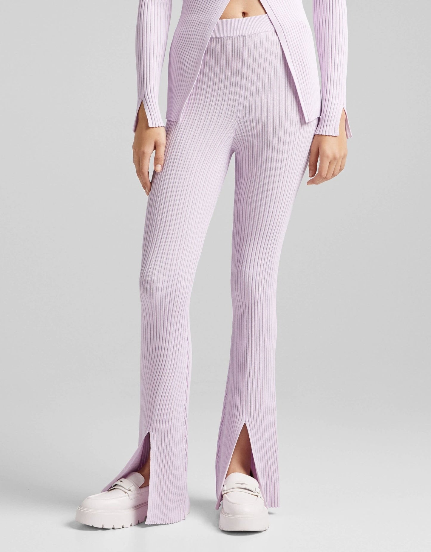 Bershka knitted rib detail trousers with split detail in lilac - ASOS Sample Sale