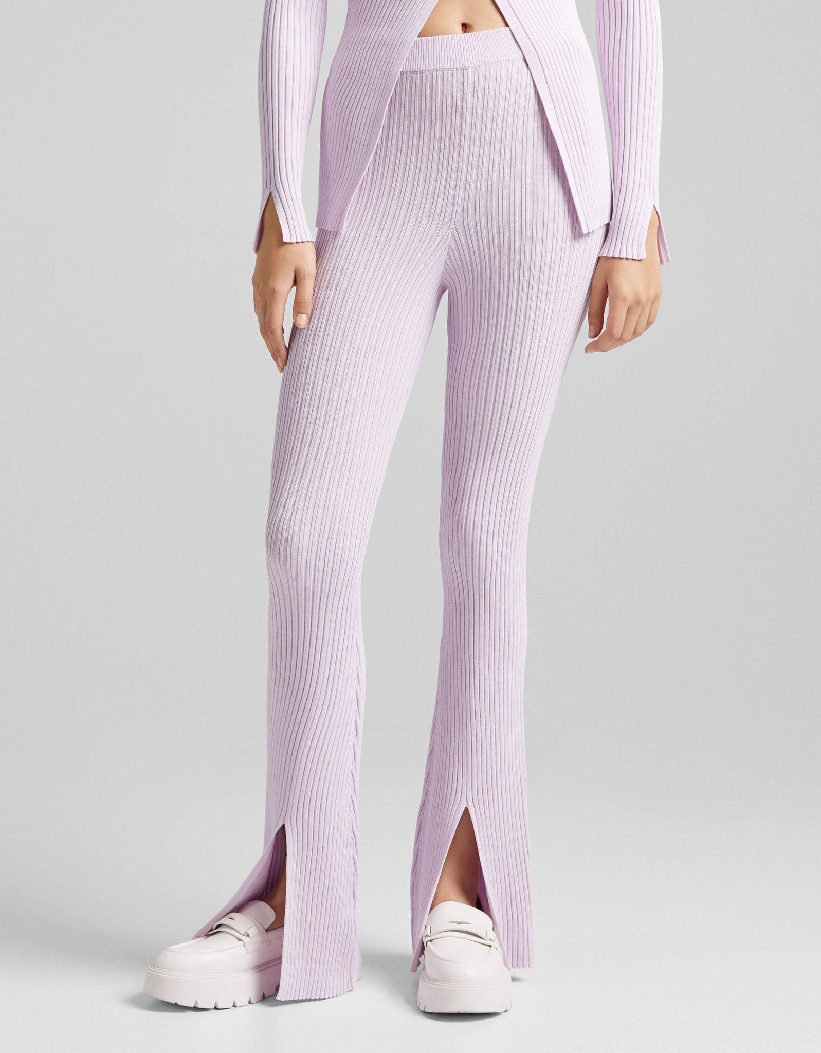 Bershka knitted rib detail trousers with split detail in lilac - ASOS Sample Sale