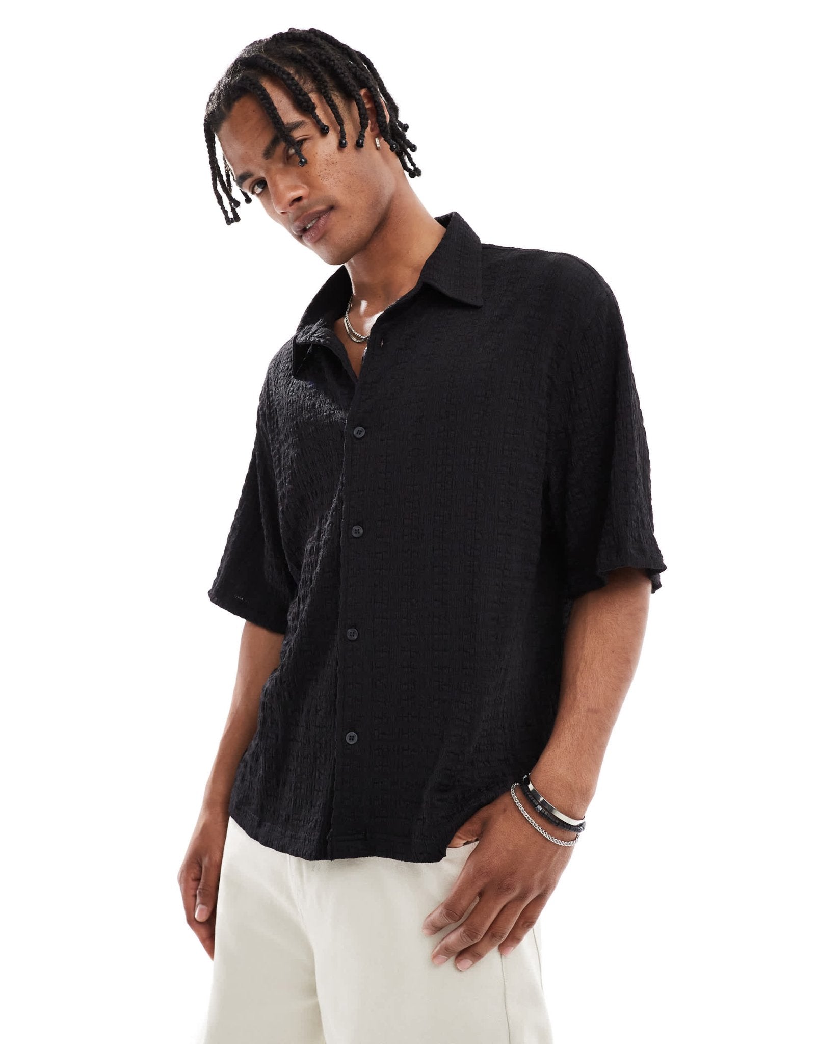 Bershka knitted textured shirt in black - ASOS Sample Sale