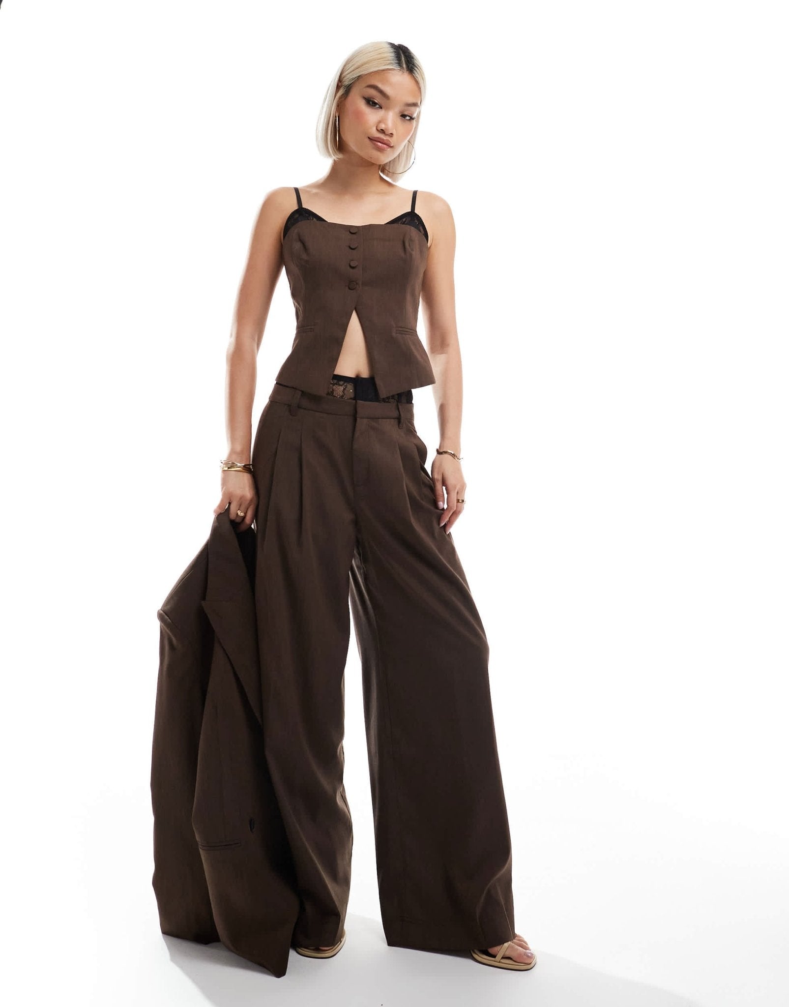 Bershka lace detail tailored waistcoat in brown - ASOS Sample Sale