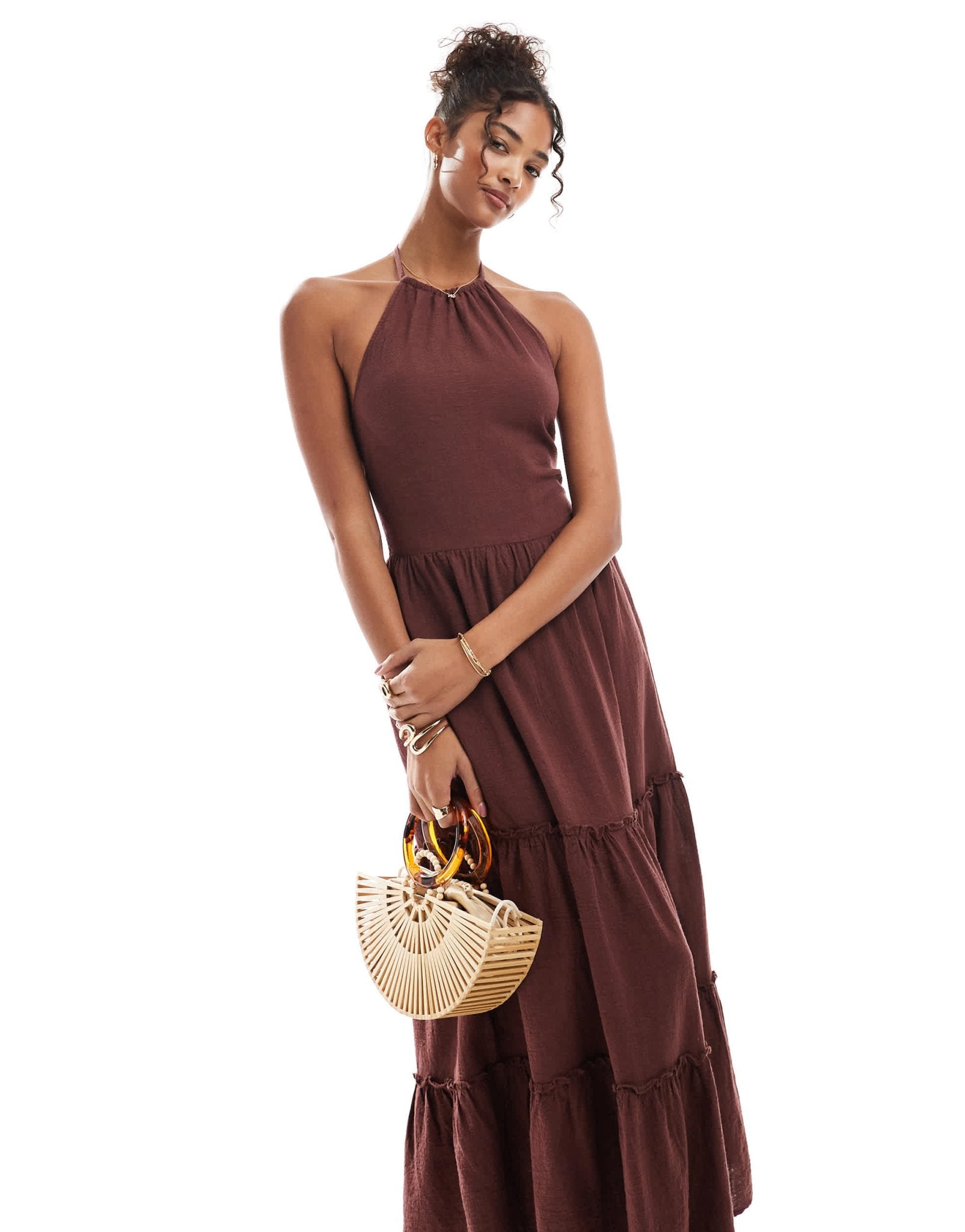 Bershka linen halterneck tiered maxi dress in brown - ASOS Sample Sale